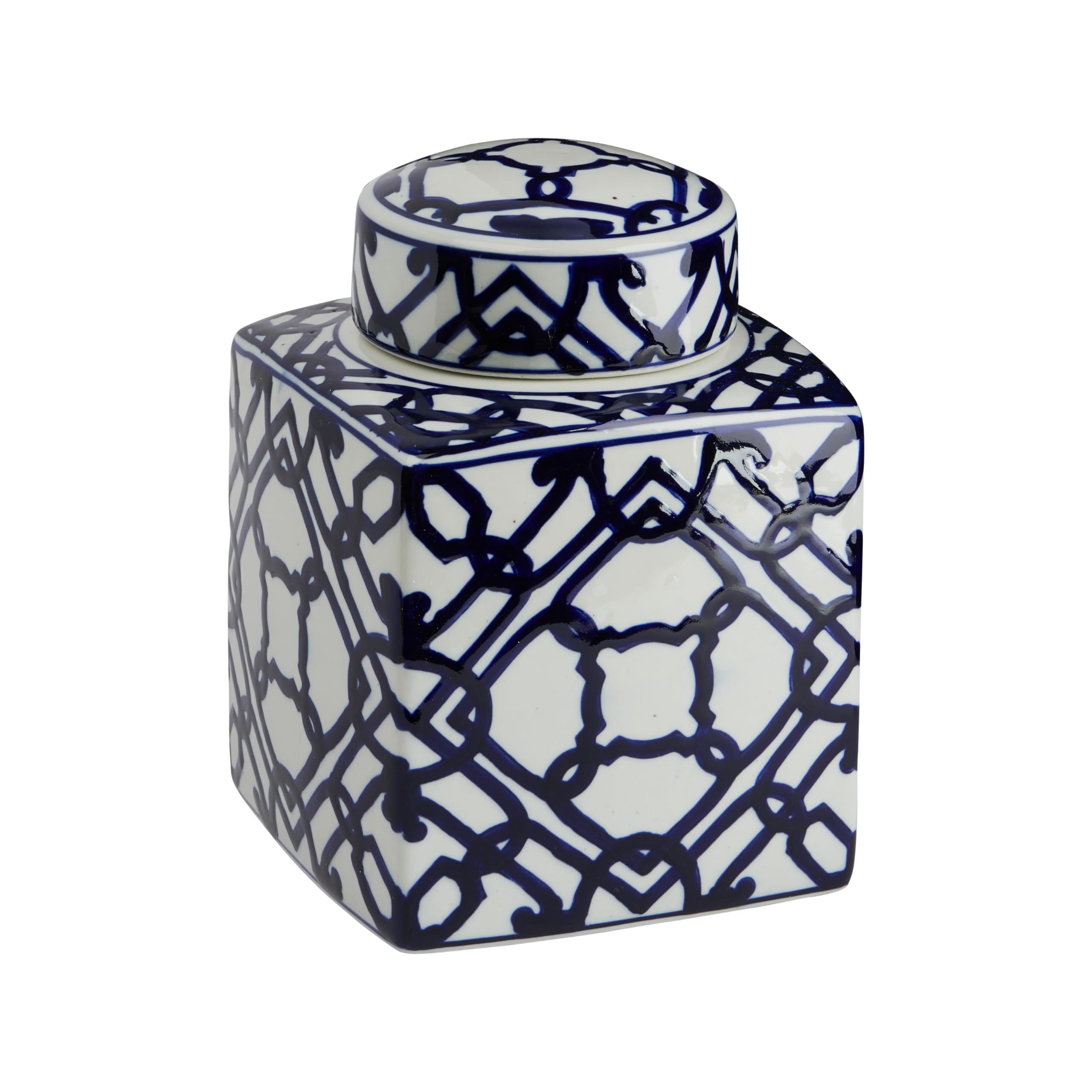 Blue and White Ginger Jars: 8 Heirloom Chinoiserie Picks 3 Creative Co-Op Square Ceramic Ginger Jar Blue White Geometric Fretwork