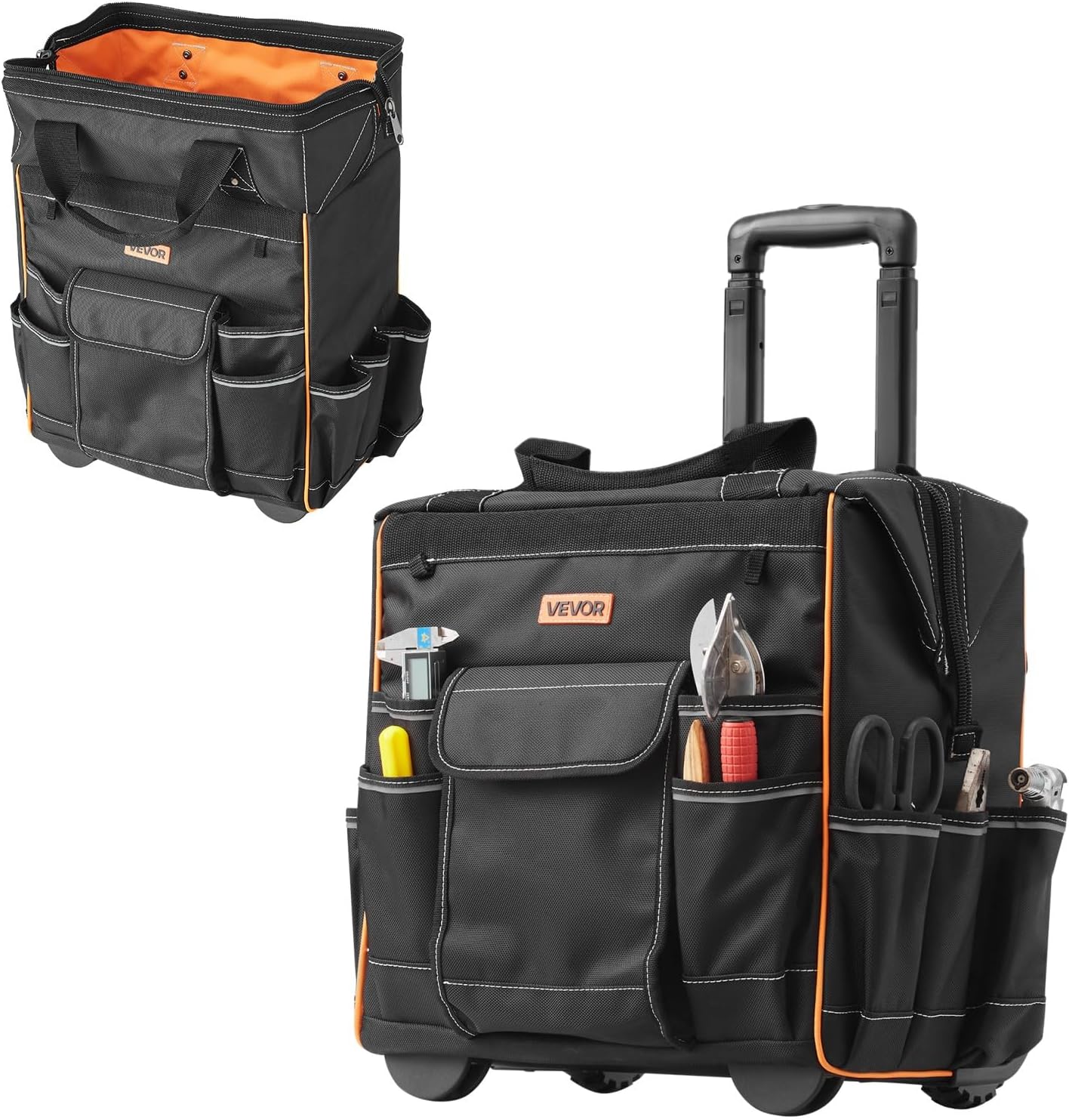VEVOR 15" Rolling Tool Bag, 110 lbs Load Capacity, 25 Pockets Heavy Duty Roller Tool Bag on Wheels, Adjustable Telescoping Handle & Stable Base, Toolbag Organizers w/Wheels for Construction, Mechanic
