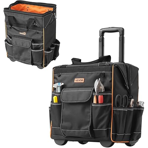 VEVOR 15" Rolling Tool Bag, 110 lbs Load Capacity, 25 Pockets Heavy Duty Roller Tool Bag on Wheels, Adjustable Telescoping Handle & Stable Base, Toolbag Organizers w/Wheels for Construction, Mechanic