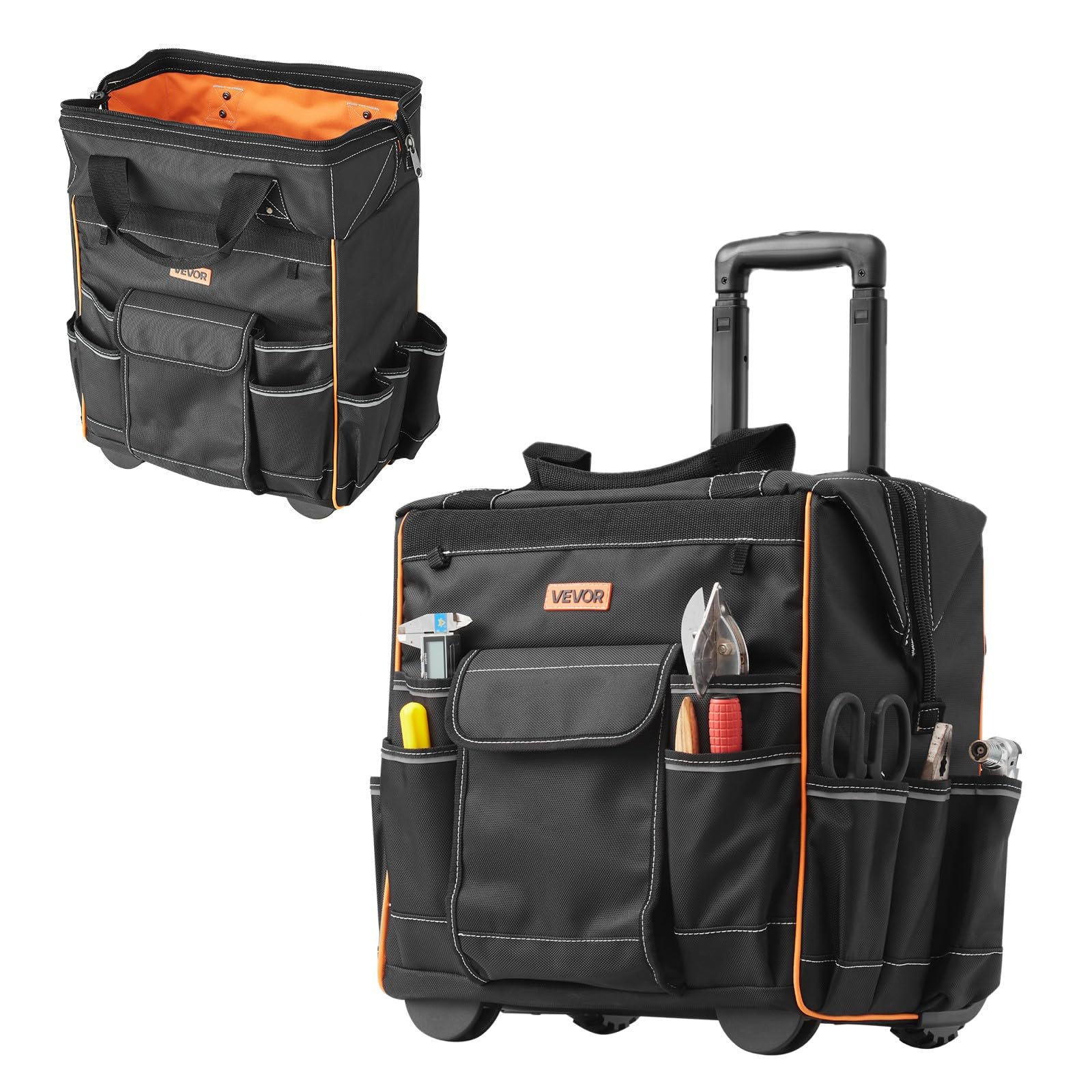 VEVOR 15" Rolling Tool Bag, 110 lbs Load Capacity, 25 Pockets Heavy Duty Roller Tool Bag on Wheels, Adjustable Telescoping Handle & Stable Base,