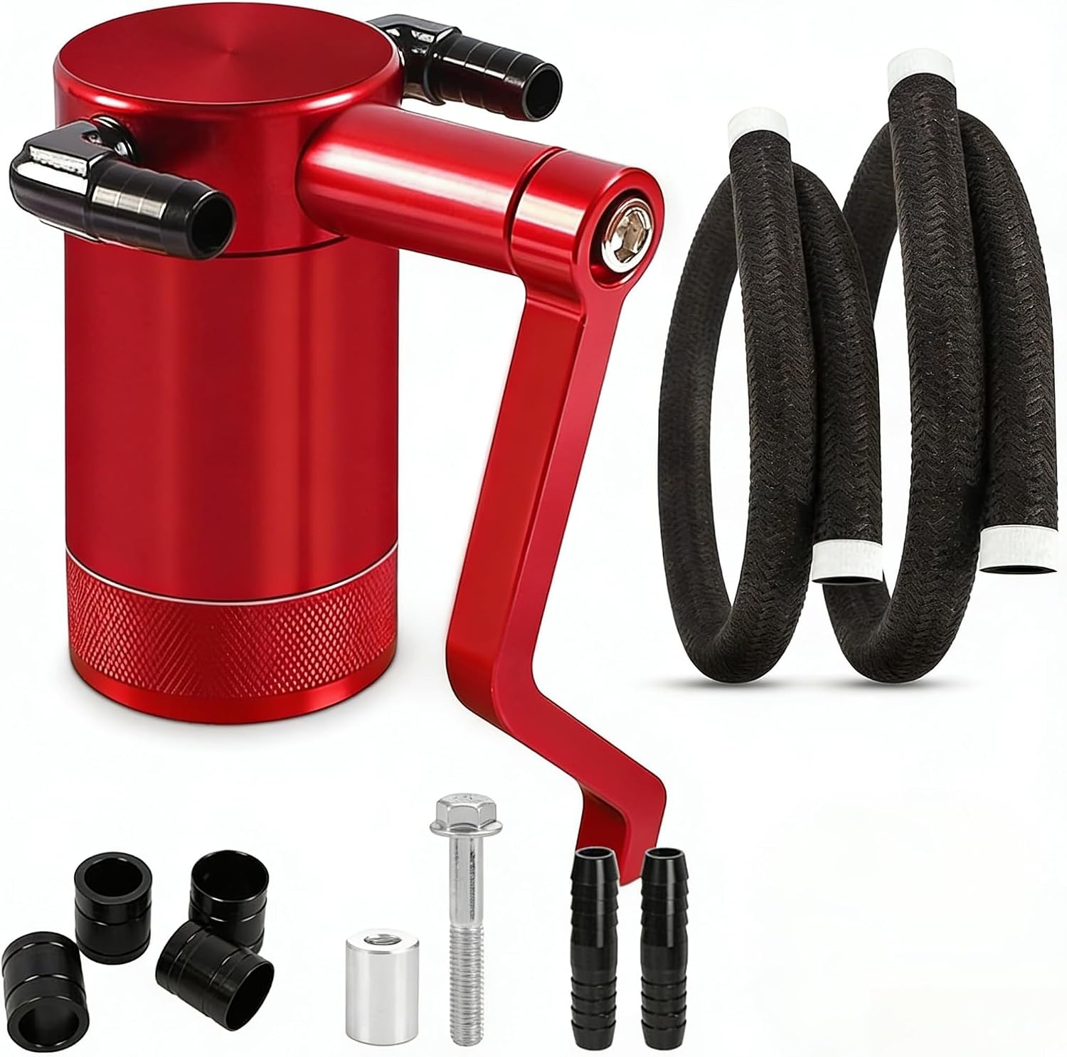 Billet Oil Catch Can Kit with Z-Bracket Technology compatible with Dodge Charger Challenger Chrysler 300, 6.4L HEMI Engine, 4 oz Capacity, Black, Includes Braided Fuel Lines and Fittings (RED)