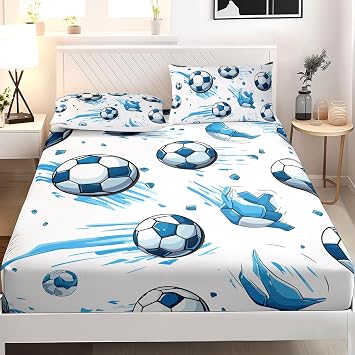 طقم ملاءات AILONEN Kids Soccer Twin XL Size Fitted،ملاءة سرير كرة قدم رياضية،طقم فراش كرة قدم جرافيتي أزرق للأولاد البالغين، ملاءة واحدة ملائمة مع 2 غطاء وسادة، 3 قطع