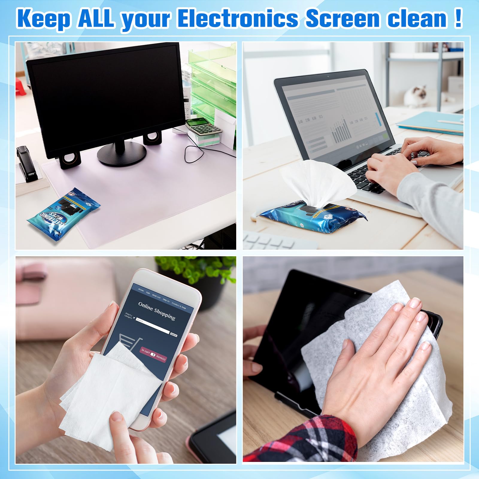 Threlaco Paquete de 12 toallitas de limpieza electrónicas, prehumedecidas, limpiador de pantalla para lentes, teléfono, televisores, computadora, laptop y monitor, cada paquete de 20 unidades