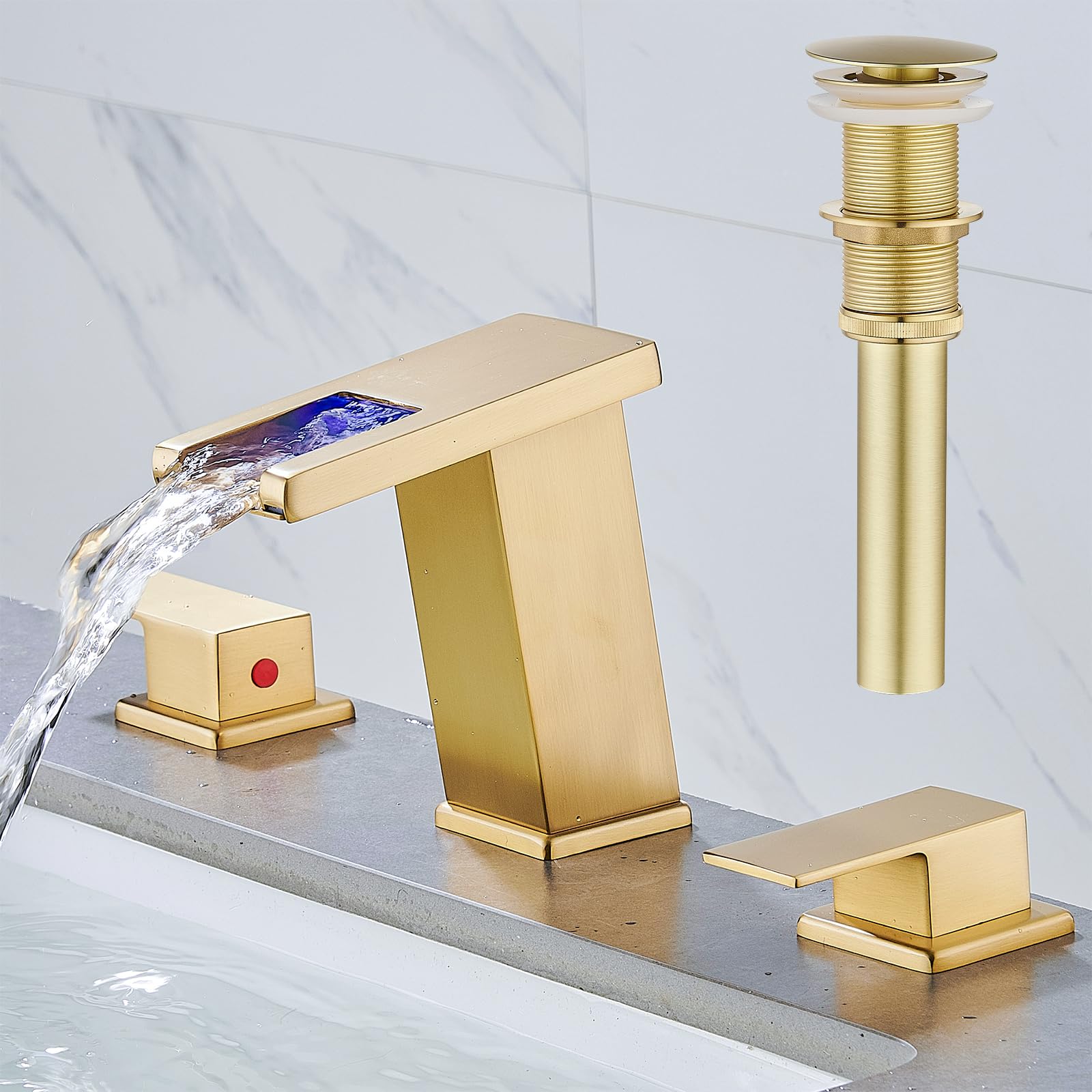 AVSIILE LED Bathroom Faucet 3 Hole, Brushed Gold Waterfall Bathroom ...