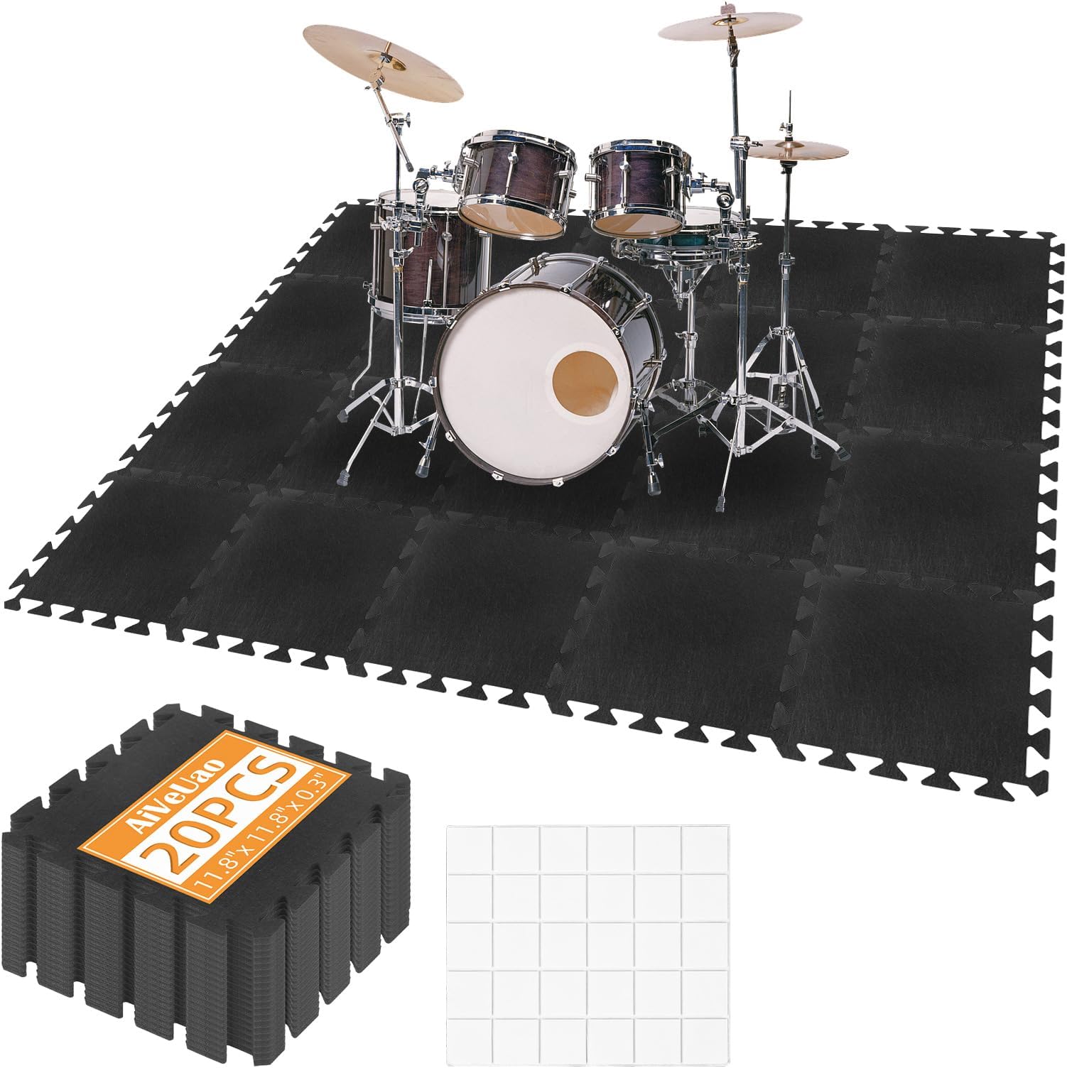 20Pcs Sound Absorbing Interlocking Floor Mats, 11 x 11 x 0.3 Inch High Density Piano Carpet Drum Rug, Non-Slip Anti Vibration Soundproof Pads, Black