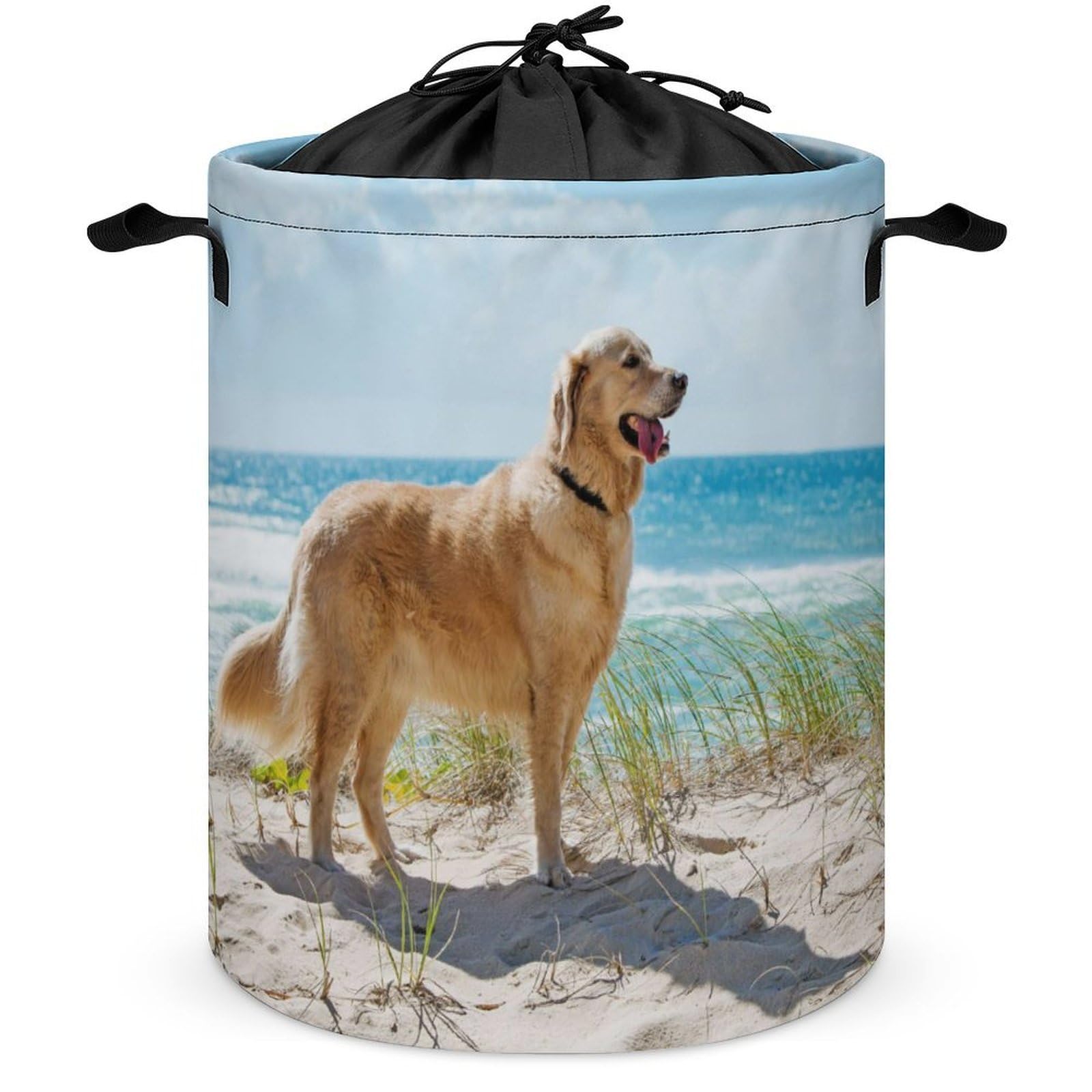 Wlntrophic Drawstring Laundry Hamper, Golden Retriever Laundry Basket, Washing Basket with Handle