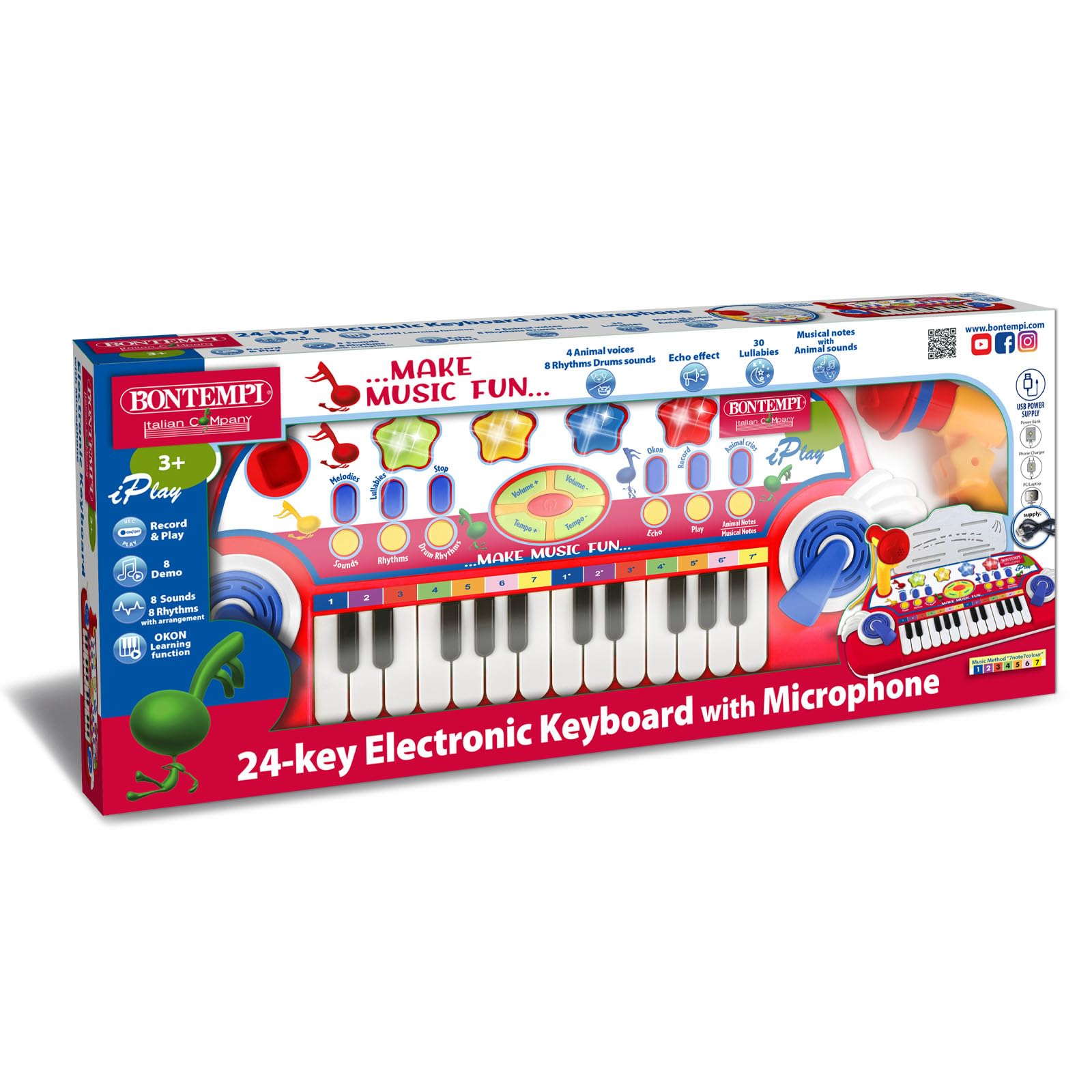 Bontempi | MiniKeyFun: Tastiera Giocattolo a 24 Tasti con Microfono e Leggio per Piccoli Musicisti