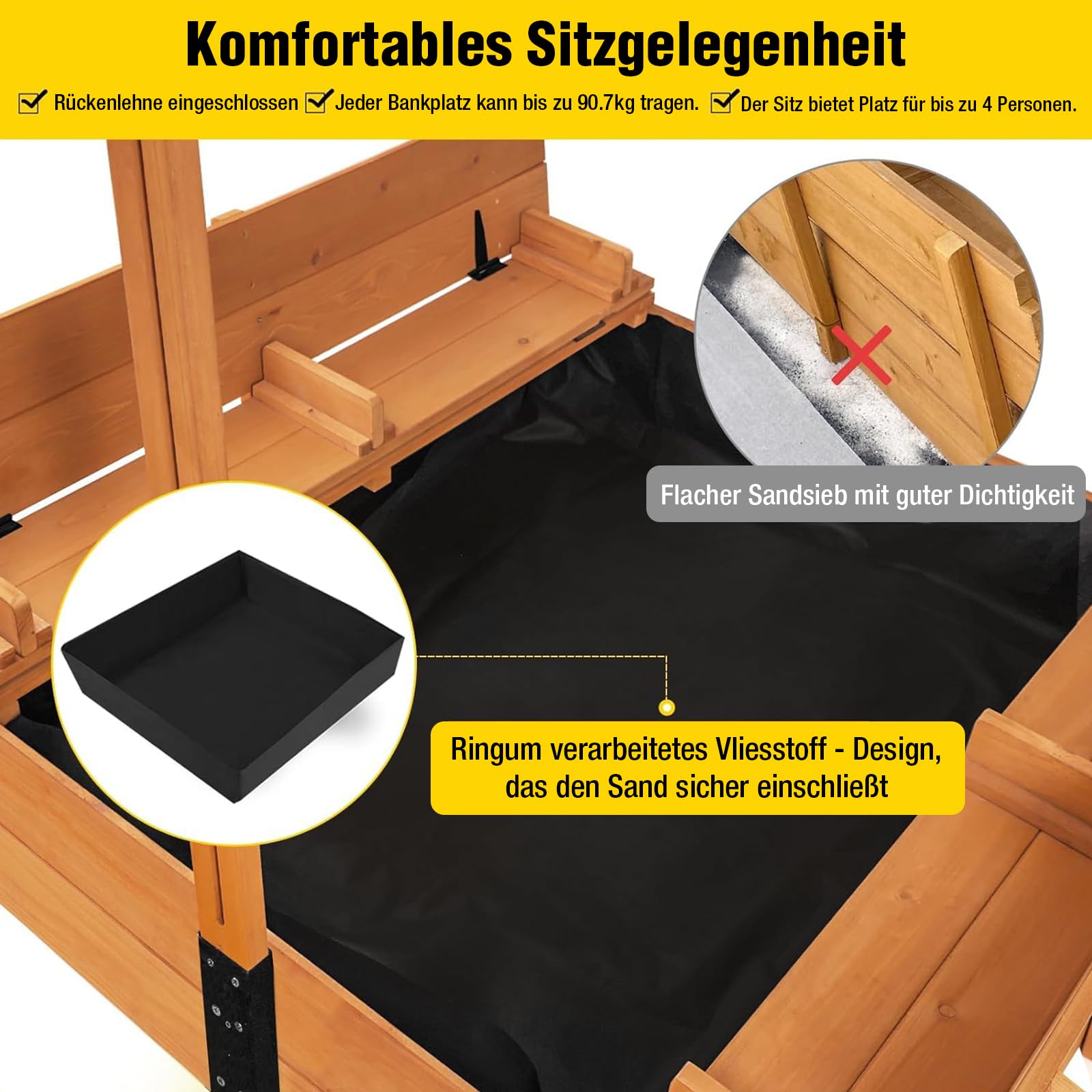 Aivituvin Kinder Sandkasten mit Abdeckung, 120x120x132cm Holz Deckel sandkiste mit aufziehbarer Dach, faltbaren Sitzbänken für draußen (Naturholzfarben)