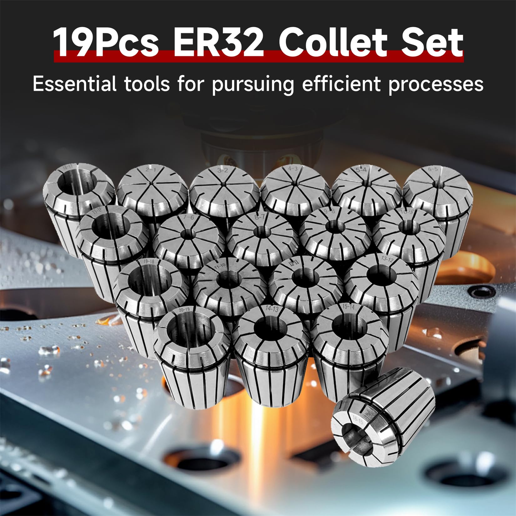 Zestaw tulei zaciskowych ER32 19 szt. Zestaw tulei zaciskowych ER32, zacisk sprężynowy, narzędzie do tokarki grawerującej CNC, 2-20 mm, pasuje do maszyny grawerującej CNC i frezarki tokarskiej