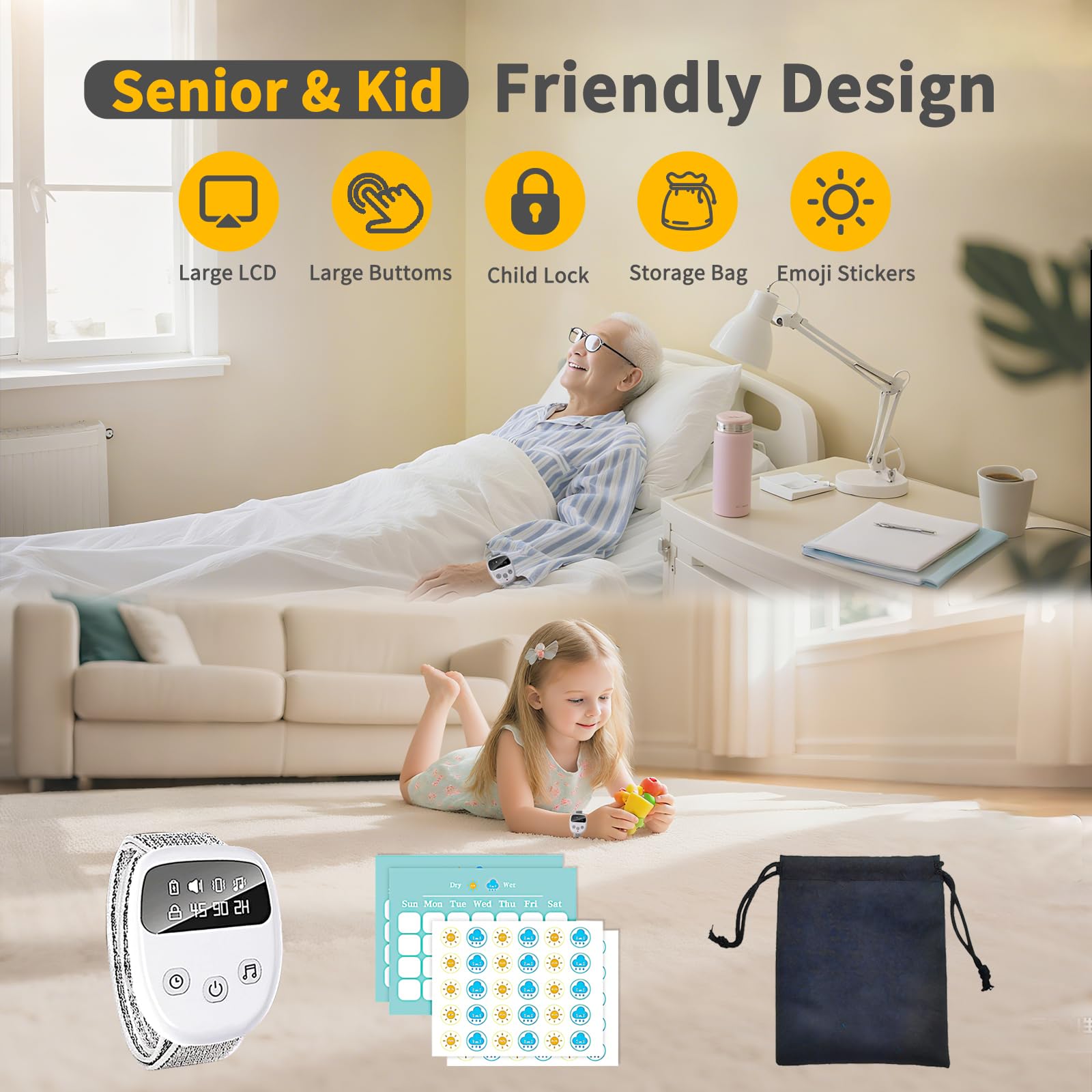 Alarma inalámbrica para niños y adultos, alarma recargable para niños y adultos, dispositivo de entrenamiento nocturno para niños y niñas, dispositivo de recordatorio de eventos de humedad