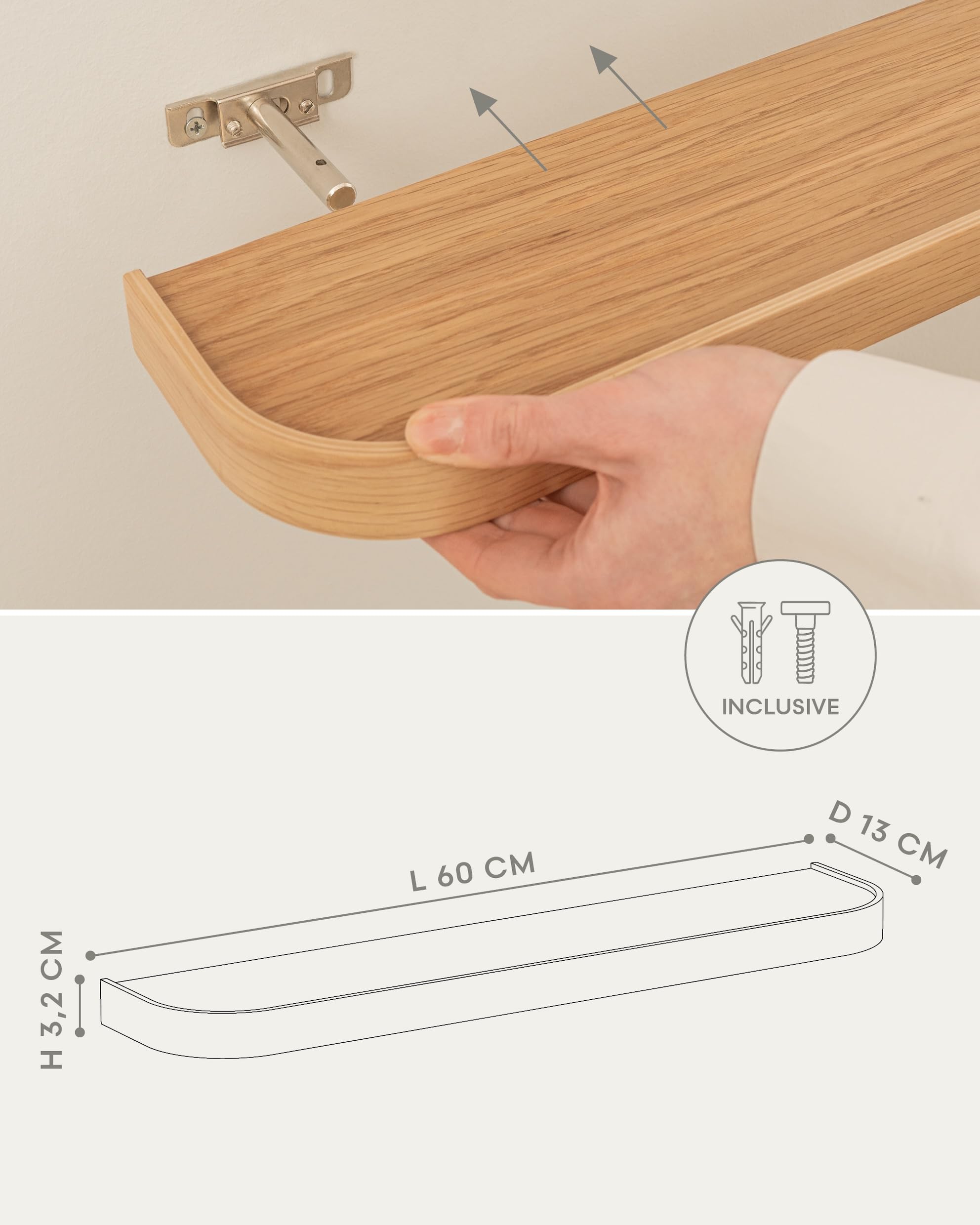 KAZAI.® Zestaw półek ściennych 'Toke' | 2 wiszące z forniru z litego drewna | Lekkie drewniane jako dekoracja i miejsce do przechowywania do łazienki, salonu, kuchni, sypialni | Dąb