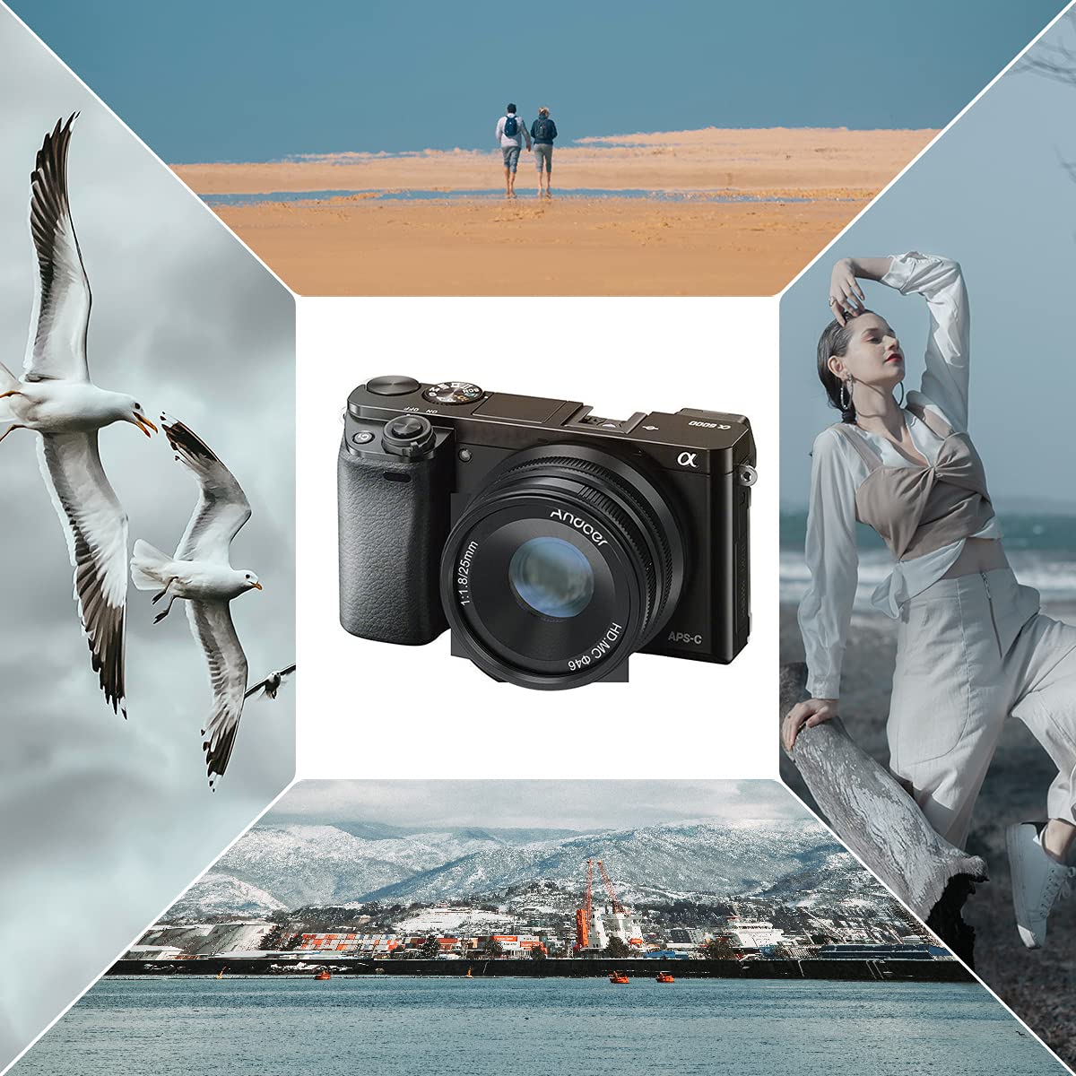 Andoer 25 mm F1.8 APS-C obiektyw do aparatu z ręczną regulacją ostrości do aparatów Sony E-Mount A7III/A9/NEX 3 N/NEX 5 5T 5R/NEX 6 7/A5000/A5100/A6500/A6400/A6300/ A6100/A6100/A66400/A6300/
