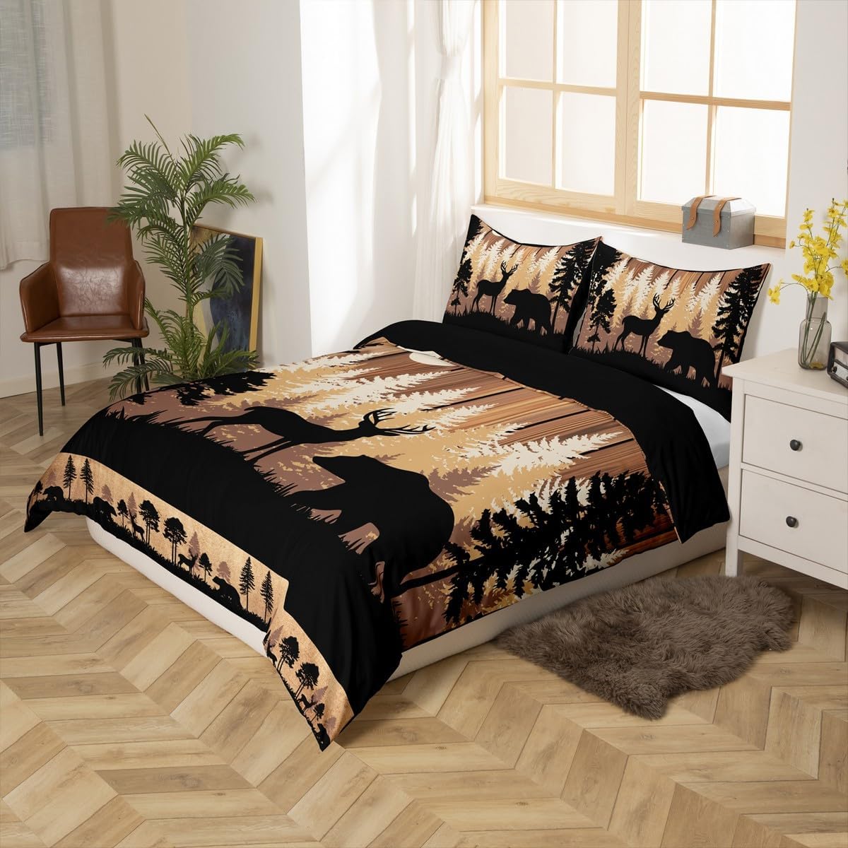 Feelyou Rustic Bear Deer Duvet Cover Set Wildlife Hunting Theme Bedding Set for Kids Boys Girls Wild Animal Comforter Cover Wooden Board Quilt Cover Bedroom Collection 2Pcs Toddler Size,No Comforter