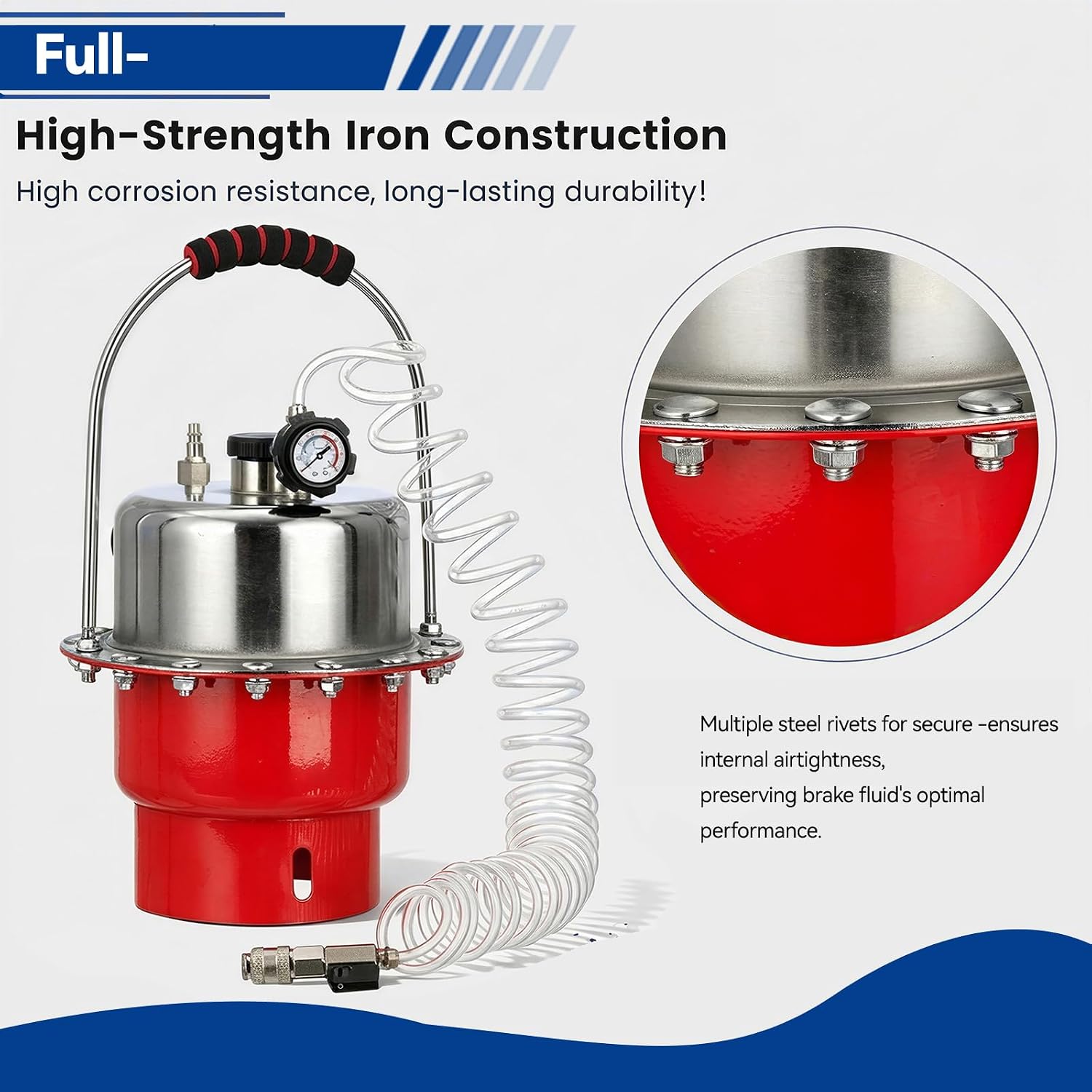 5L Pneumatic Brake Bleeder Kit, Stainless Steel Pressure Brake Bleeder with Gauge, 8 Adapters, Waste Fluid Bottle, One Man Brake Clutch Fluid Change Tool for Cars, Trucks, Motorcycles, ATVs