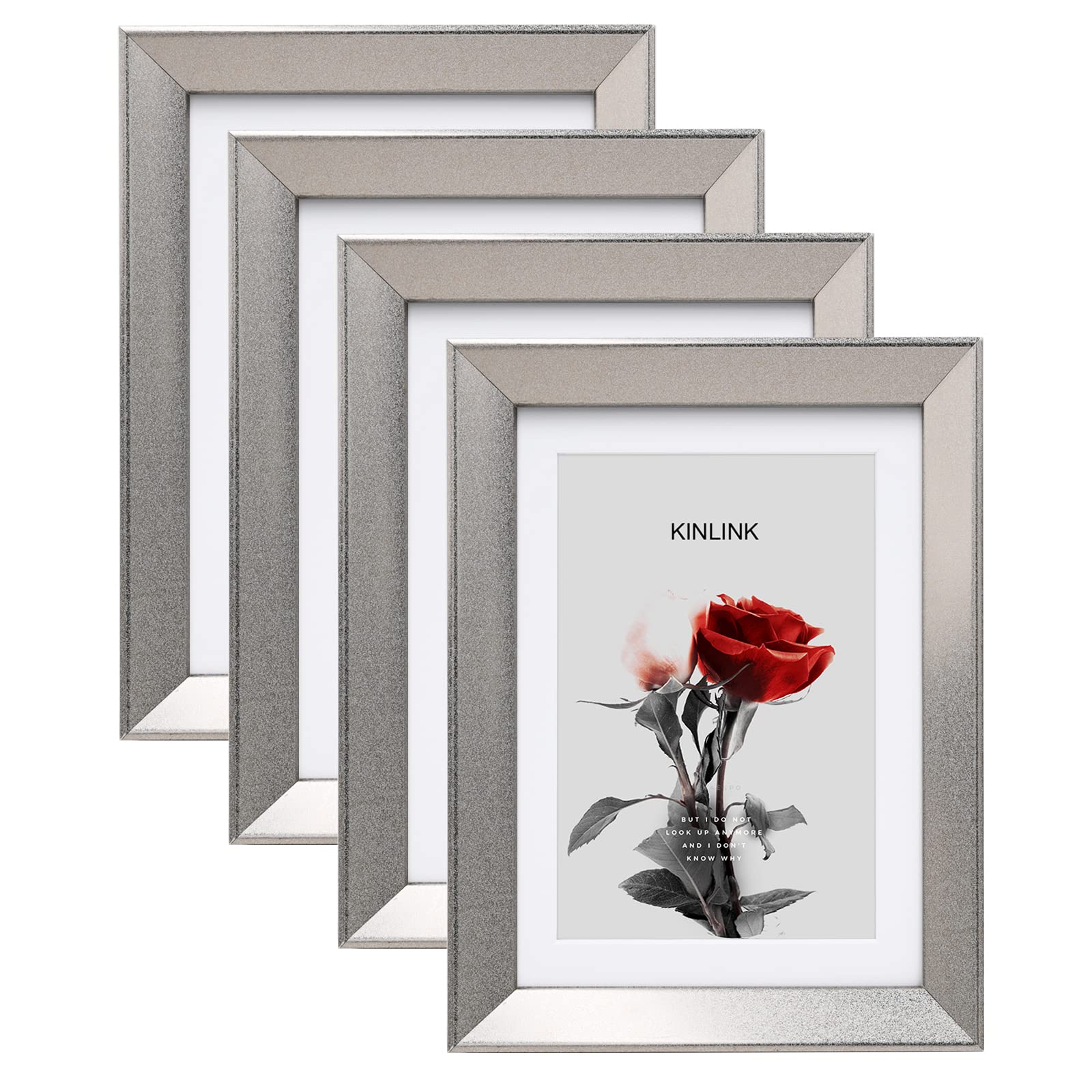KINLINK5x7 Picture Frames Silver, Photo Frames with Real Glass for Picture 4x6 with Mat or 5x7 without Mat, Composite Wood Picture Frames for Table Top and Wall Mounting, Set of 4