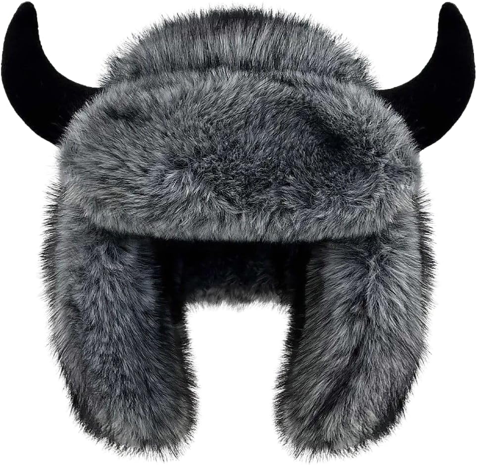 Viking Style Faux Fur Trapper Hat with Bull Horns, Winter Warm Ushanka Aviator Hat with Ear Flaps, Plush Thickened Thermal Bomber Hat for Women & Men, Cosplay & Outdoor Skiing (Grey)