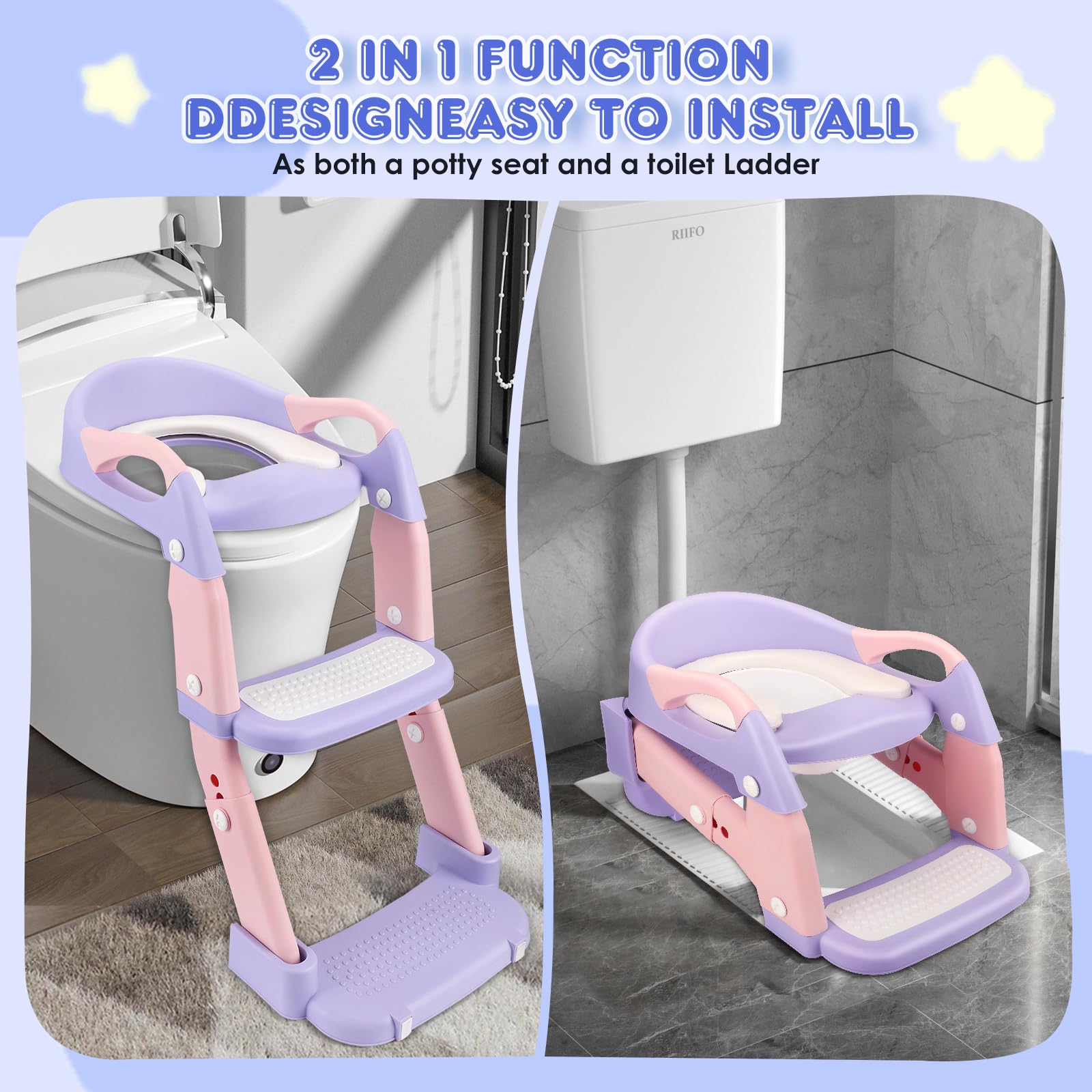 3 IN I Riduttore WC Bambino, Adattatore WC per bambini con passeggiata, Rialzo WC per bambini, Riduttore WC con cuscino, altezza regolabile pieghevole, antiscivolo, adattatore WC per bambini