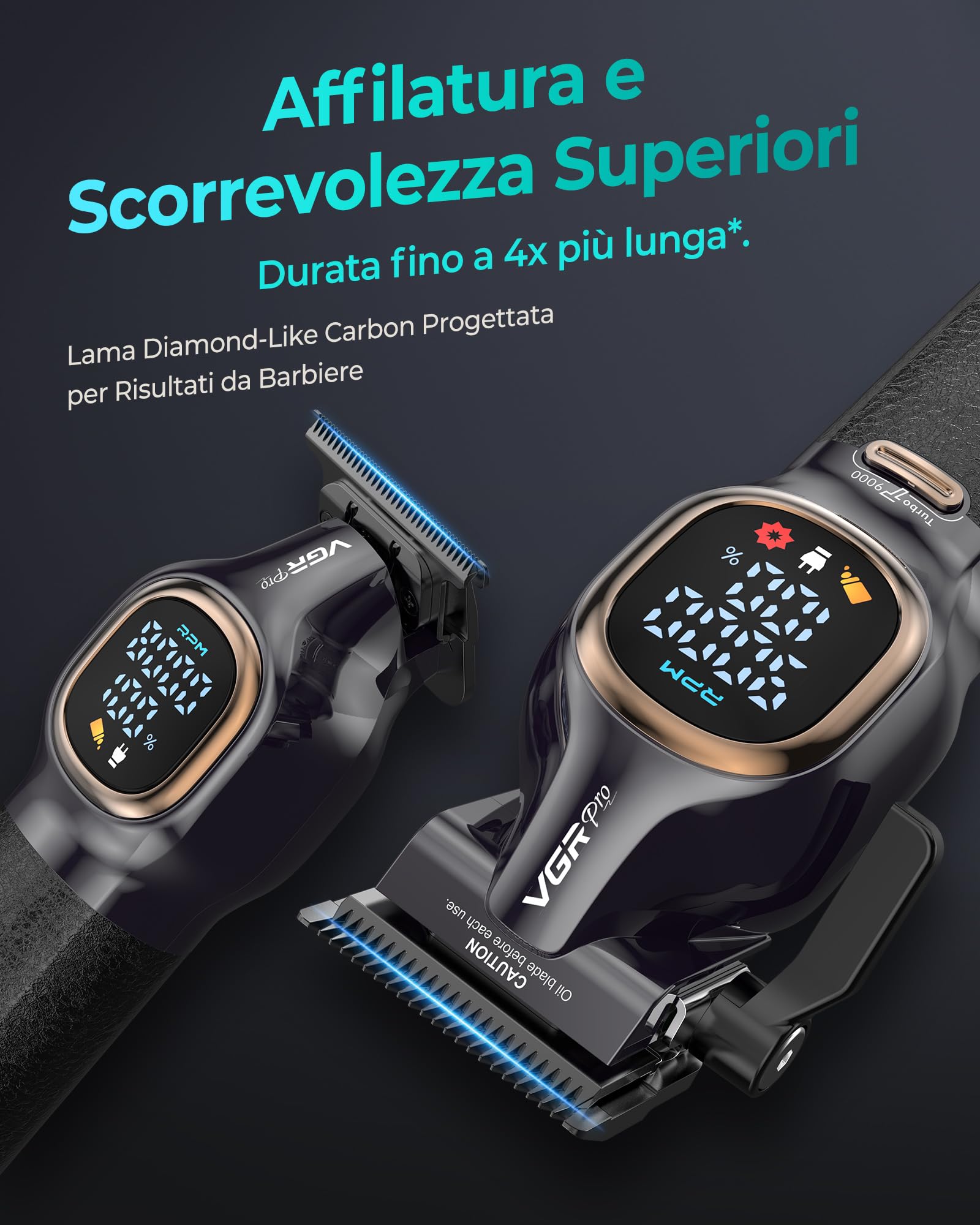 VGRPRO Tagliacapelli Uomo Professionale, 9000RPM Kit Barbiere, Senza fili | Set Macchinetta per capelli e Trimmer,14 Pettini guida,Display LCD, Base di ricarica, 4h autonomia, Grip antiscivolo,Custodia