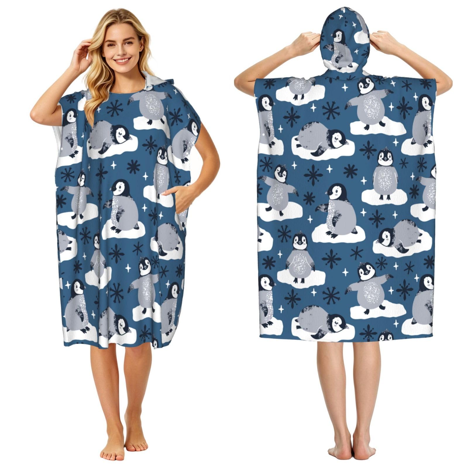 Poadnly Cute Penguins And Snowflakes, Adult Hooded Beach Towel 90 x 110 cm,Changing Bath Robe, Surf Poncho Towel For Women Men