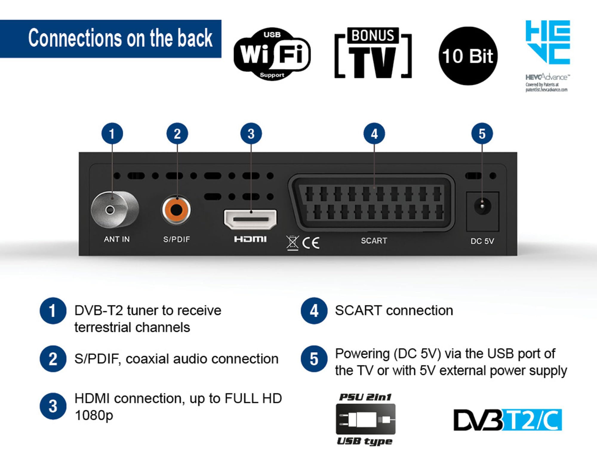 EDISION Picco T265 Pro HD Récepteur Terrestre TNT DVB-T2 et par Câble DVB-C H.265/HEVC FTA, PVR, USB, HDMI, SCART, S/PDIF, Capteur IR, Prend en Charge USB WiFi, IR Télécommande Universelle 2en1