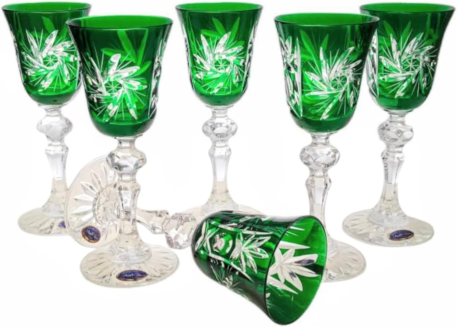 MaRika Crystal Liqueur Glasses 60ml - Emerald Hand Decorated Elegant Glass for Liquors and Spirits - Set of 6 Gift Idea
