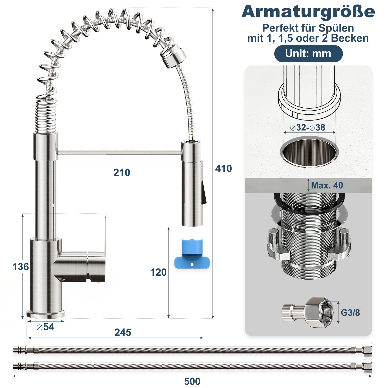 Wasserhahn Küche, Lagontap Elegante Hochdruck Küchenarmatur mit Herunterziehbarer Brause, Zwei Sprühfunktionen, Mischbatterie Küche mit 360° Drehung und Hohem Bogen, Edelstahl Spültischarmatur