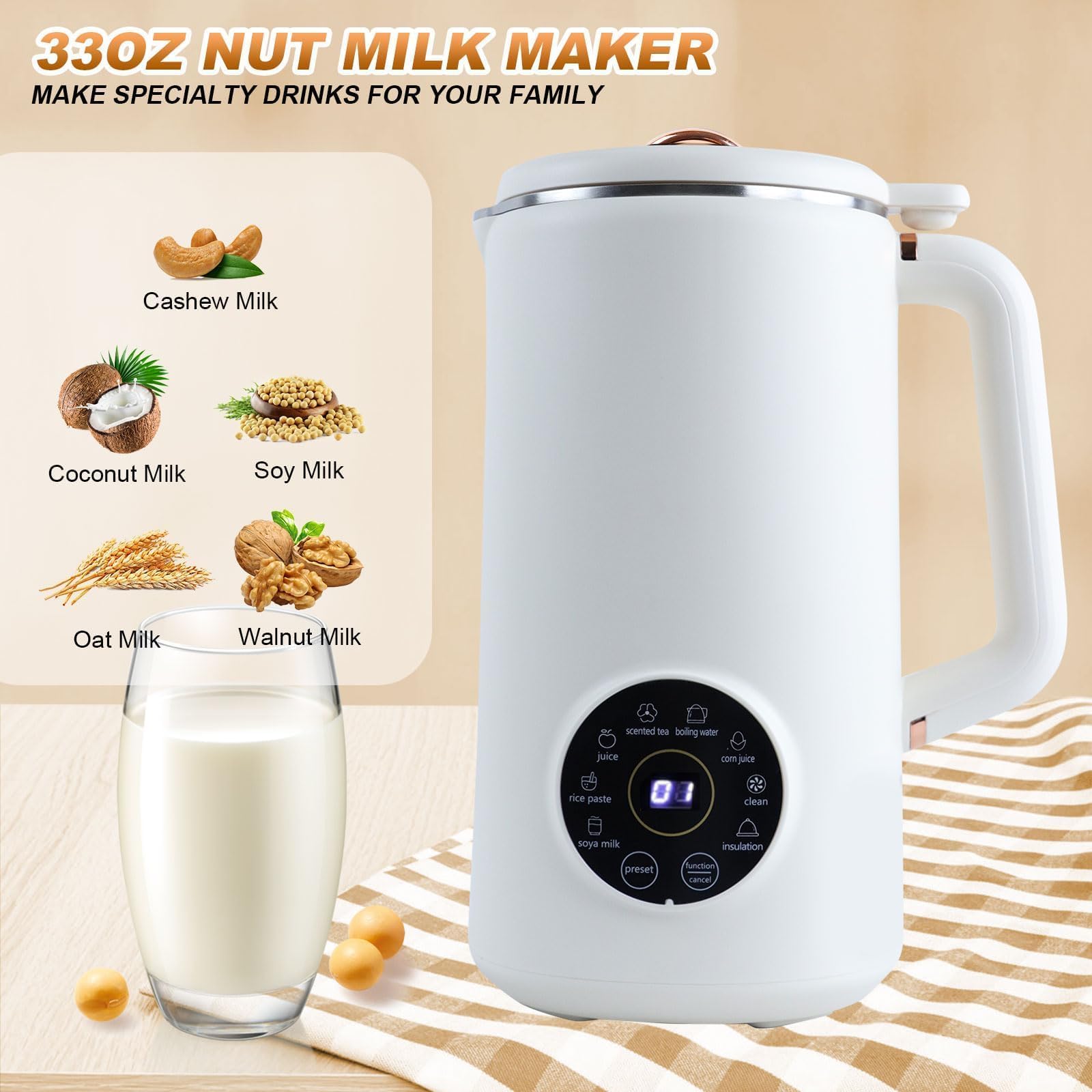 1L Sojamilch Maker Nussmilchmaschine 8 in 1 Hafermilch Maker mit LED Anzeige, Timer, Auto-Clean, Filterfrei, Warmhalten, Hausgemachte Soja-Mandel-Pflanzenmilch
