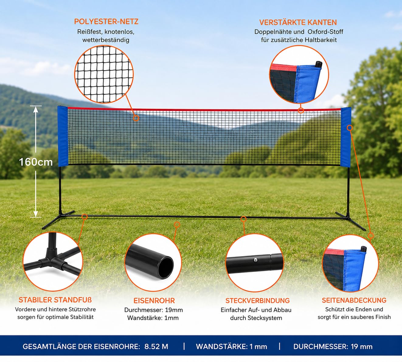 Kapler Badmintonnetz 300 cm: Höhenverstellbares Multisport-Netz 90/160 cm für Garten, Badminton, Tennis, Pickleball & Volleyball, tragbar