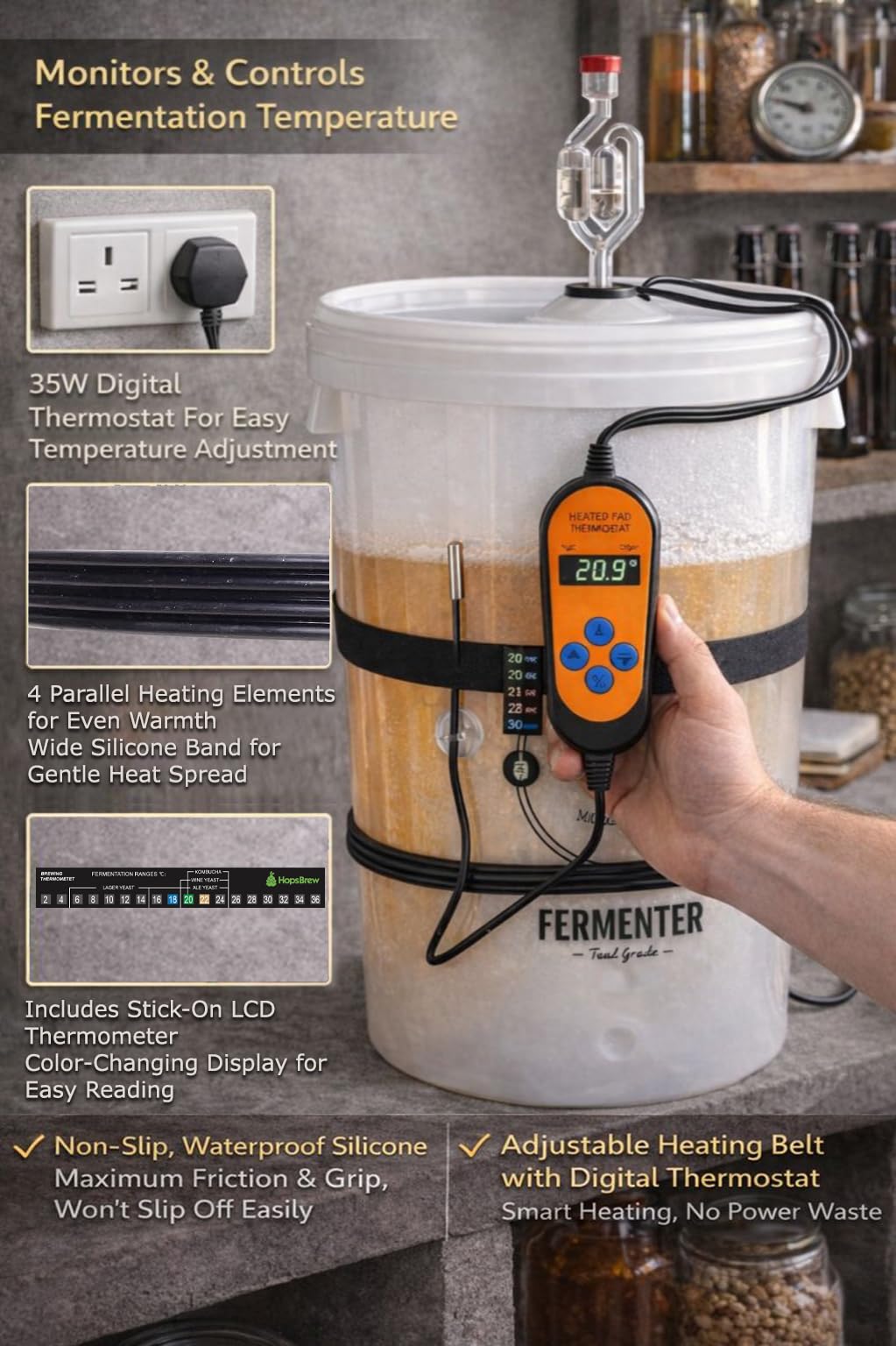 Cintura riscaldante per fermentazione per birra e vino fai da te - Termostato automatico o controllo della potenza regolabile (termostatico)