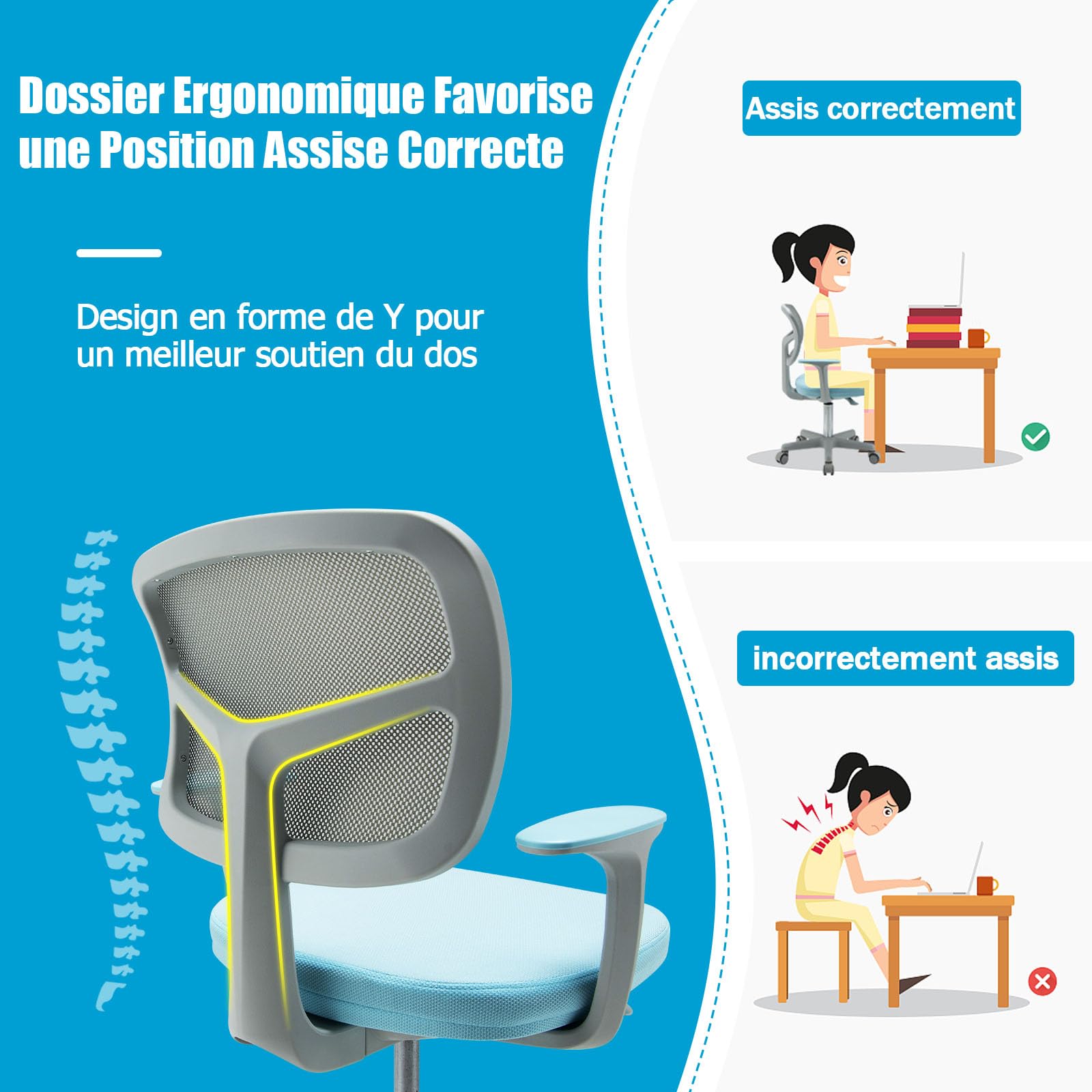 DREAMADE Chaise de Bureau Enfants en Maille,Fauteuil Pivotante Ergonomique Enfant avec Hauteur Réglable&Dossier&Accoudoirs,Siège à roulettes Fille Garcon 3-10 Ans,Charge 150kg (Bleu)
