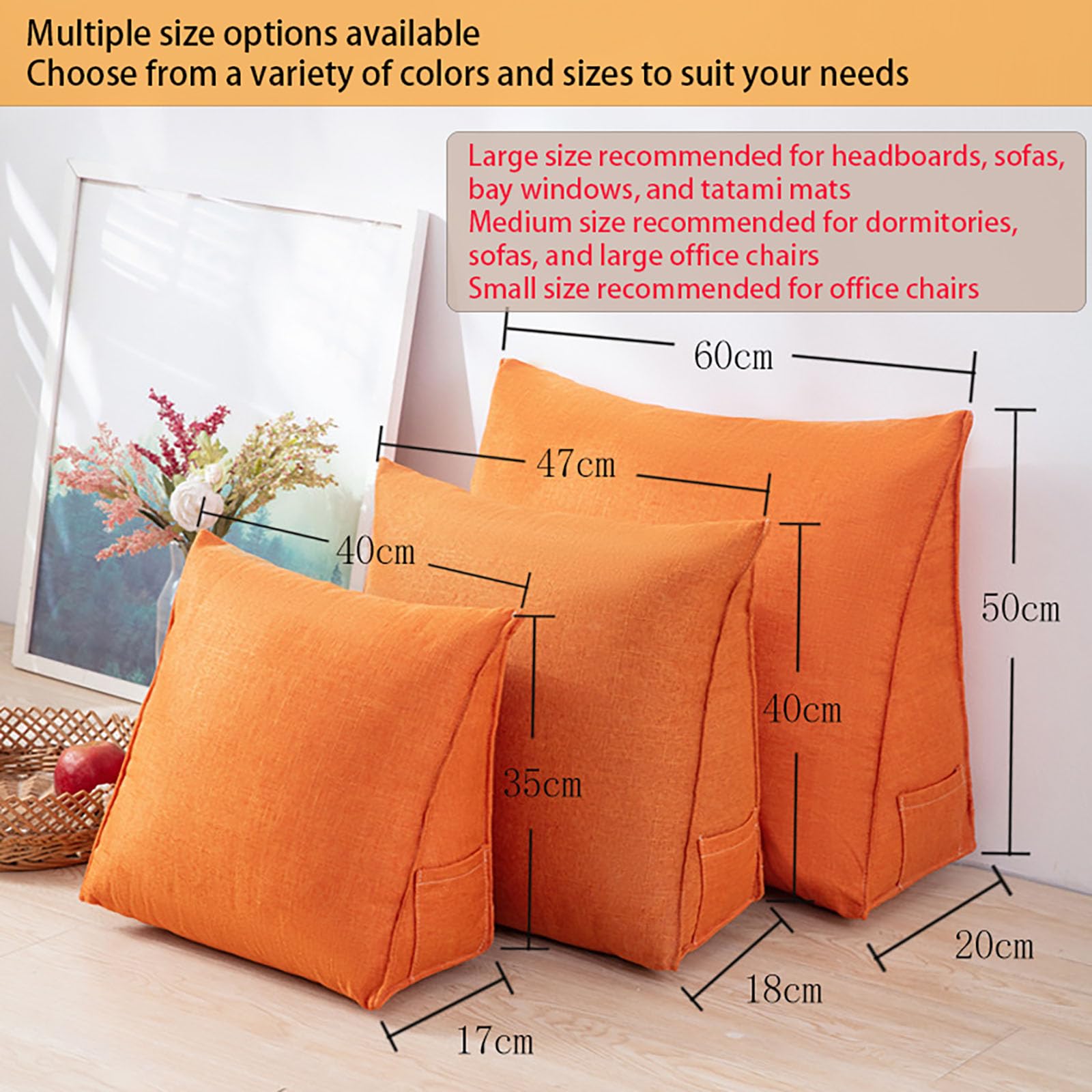 Cojín ergonómico triangular para la espalda, 40/47/60 cm, para cama/sofá, funda extraíble lavable, bolsillo lateral, almohada de lectura, soporte lumbar, 40 x 35 x 17 cm