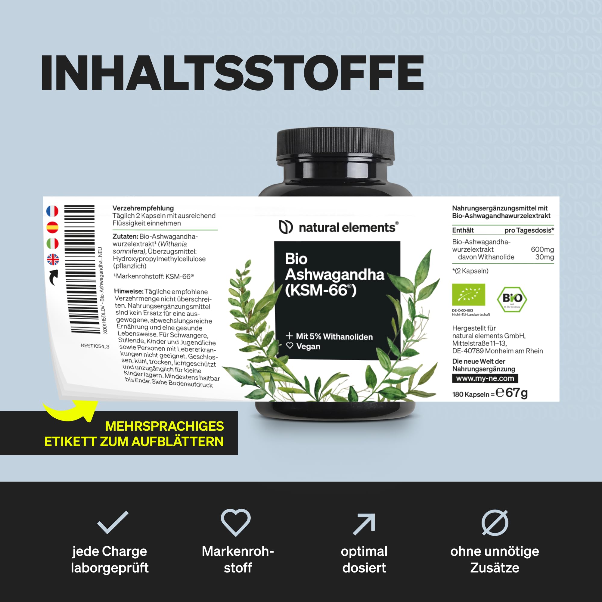 natural elements Bio-Ashwagandha – KSM-66® Premiumrohstoff (180 Kapseln mit überdurchschnittlicher Reichweite) – 5% Withanolid-Gehalt – laborgeprüft, vegan und hochdosiert
