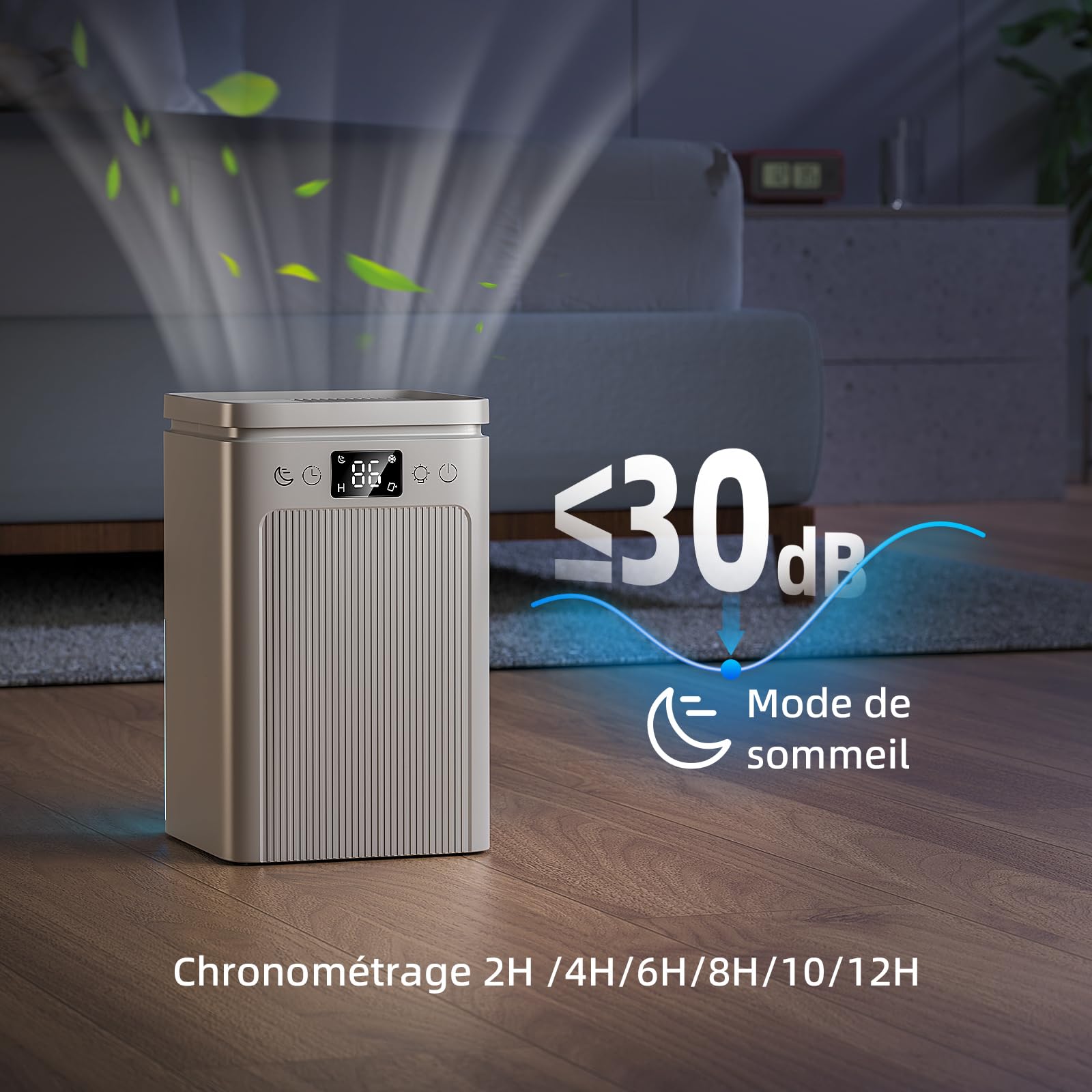 Deshumidificateur d‘air,Electrique Portable 2200ML Arrêt Automatique,déshumidification,Minuterie 2-12hEfficace,Silencieux,Résistance à La Moisissure,Lumière7 LED Couleur,Chambre,Bain