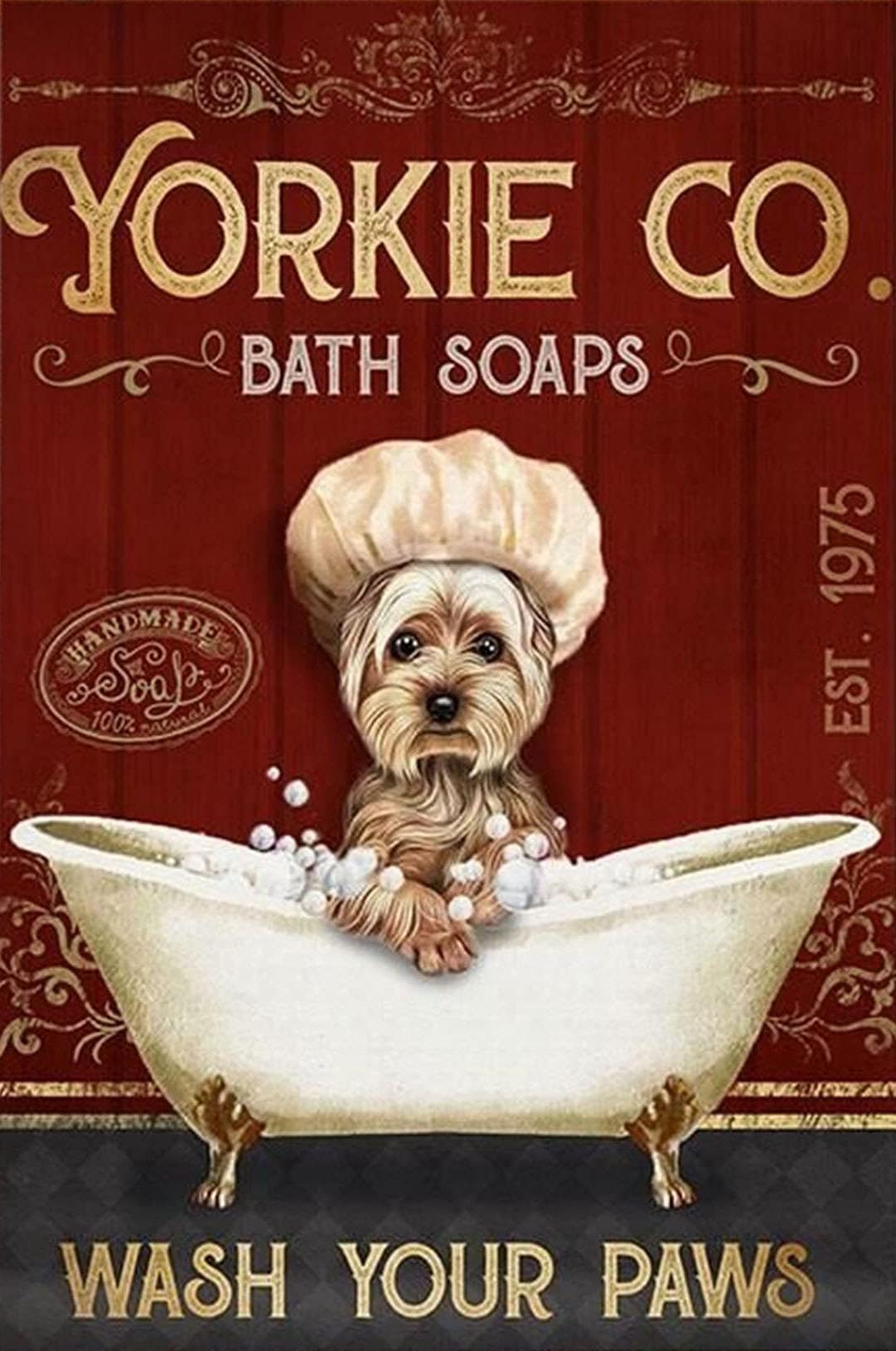 Tnnd Red Yorkshire Terrier Bath Soap Metal Sign Art Tin Metal Poster Gift 8X12 Inch
