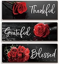 3 Pcs Red Bathroom Decor Rose Wall Art Inspirational Flower Wooden Signs Red and Black Bathroom Office Wall Decor with Thankful Grateful Blessed Quotes for Women Bedroom Kitchen(12x4 Inch)