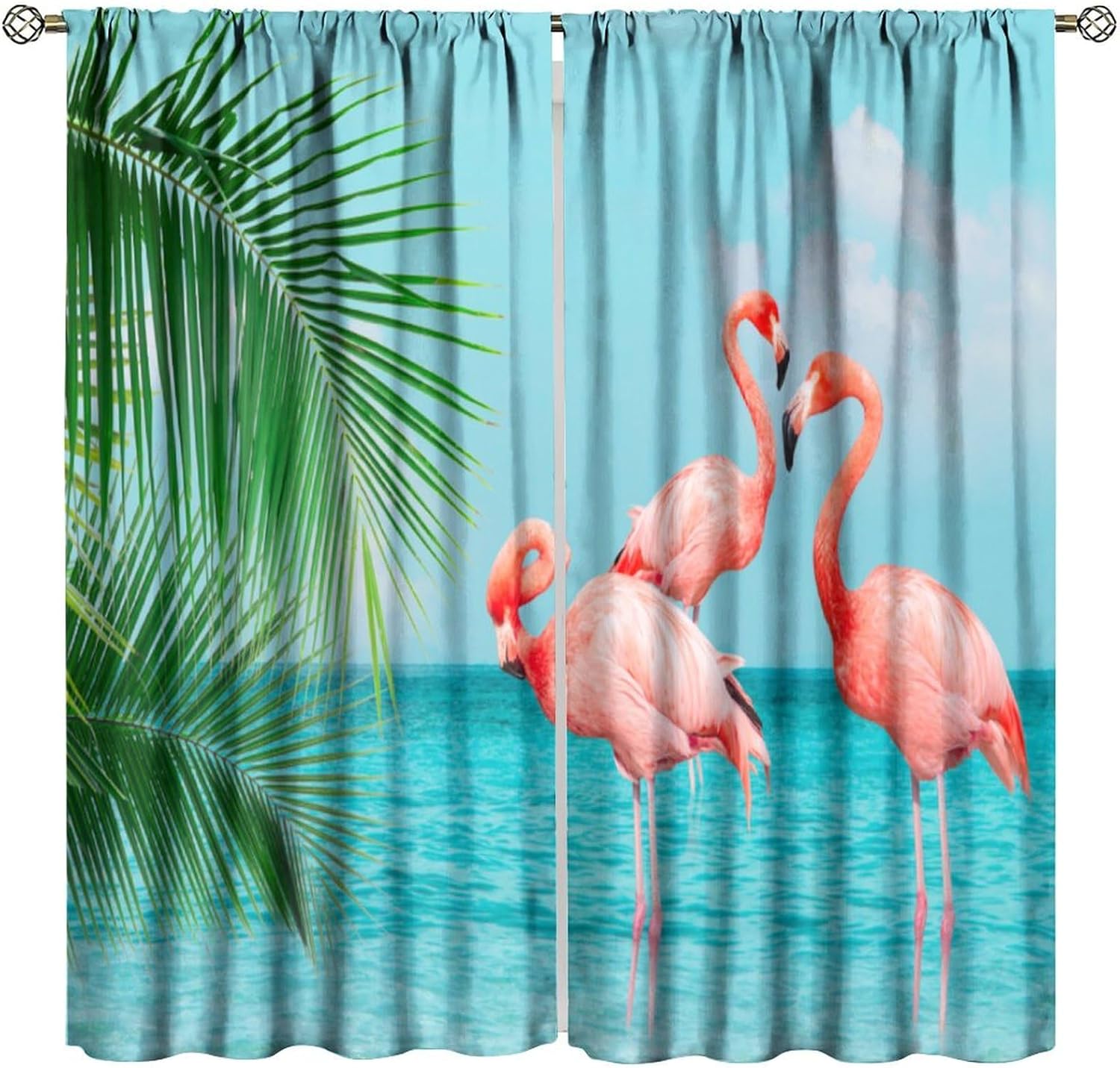 Summer Ocean Beach Curtain Funny Pink Flamingo Green Tree Leaves Blackout Window Drapes for Bedroom Living Room Kitchen Cafe Decor （W21xL54 Inch） x2 Panels