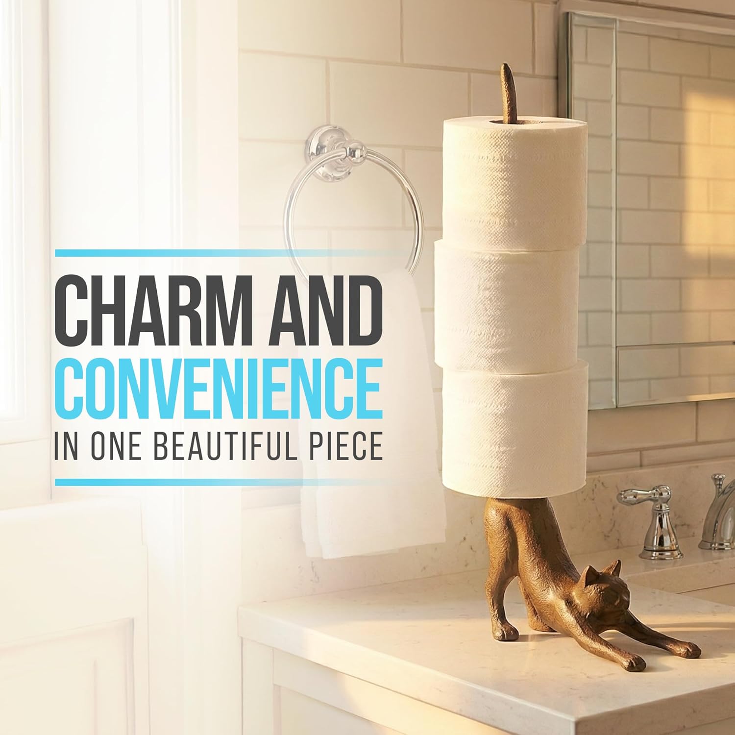 Comfify Yoga Cat Decorative Paper Towel Holder or Toilet Paper Holder - Adorable Downward Dog Pose Kitty - Cast Iron Paper Towel Stand - Antiqued Cast Iron Storage - Multiple uses - 18.5" Tall