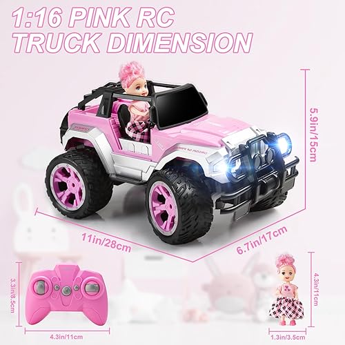 Miniatura 7 de Auto a control remoto para niñas, automóvil RC rosa con muñeca y calcomanía para niñas de 4 a 10 años, 80 minutos con batería recargable, escala 116