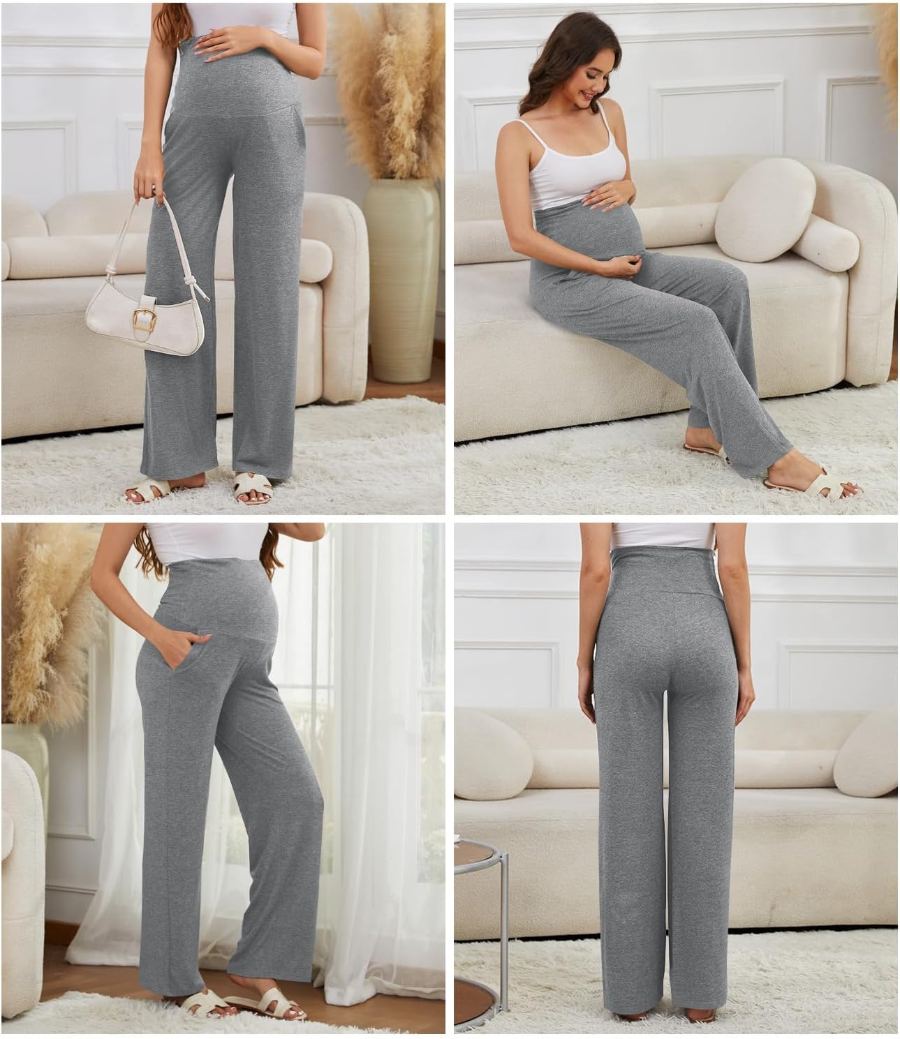 3 Pack Women's Maternity Pants Over The Belly Pregnancy Pants Stretchy Loose Wide Leg Lounge Work Pants with Pockets - Image 5