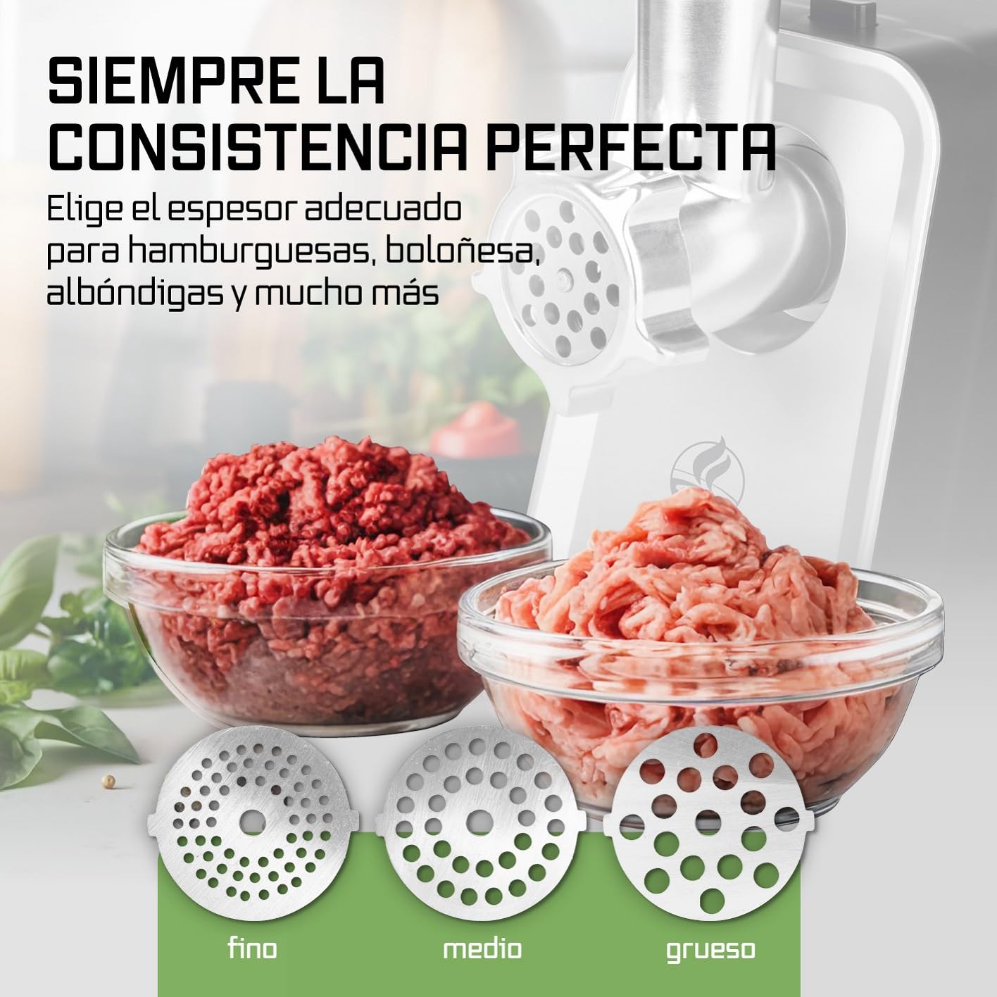 KOCHWERK Picadora de carne eléctrica con diferentes accesorios, procesa hasta 2000 g/min | carne picada, kibbeh, churros, salchichas y más con solo pulsar un botón | fácil manejo y limpieza [1600 W]