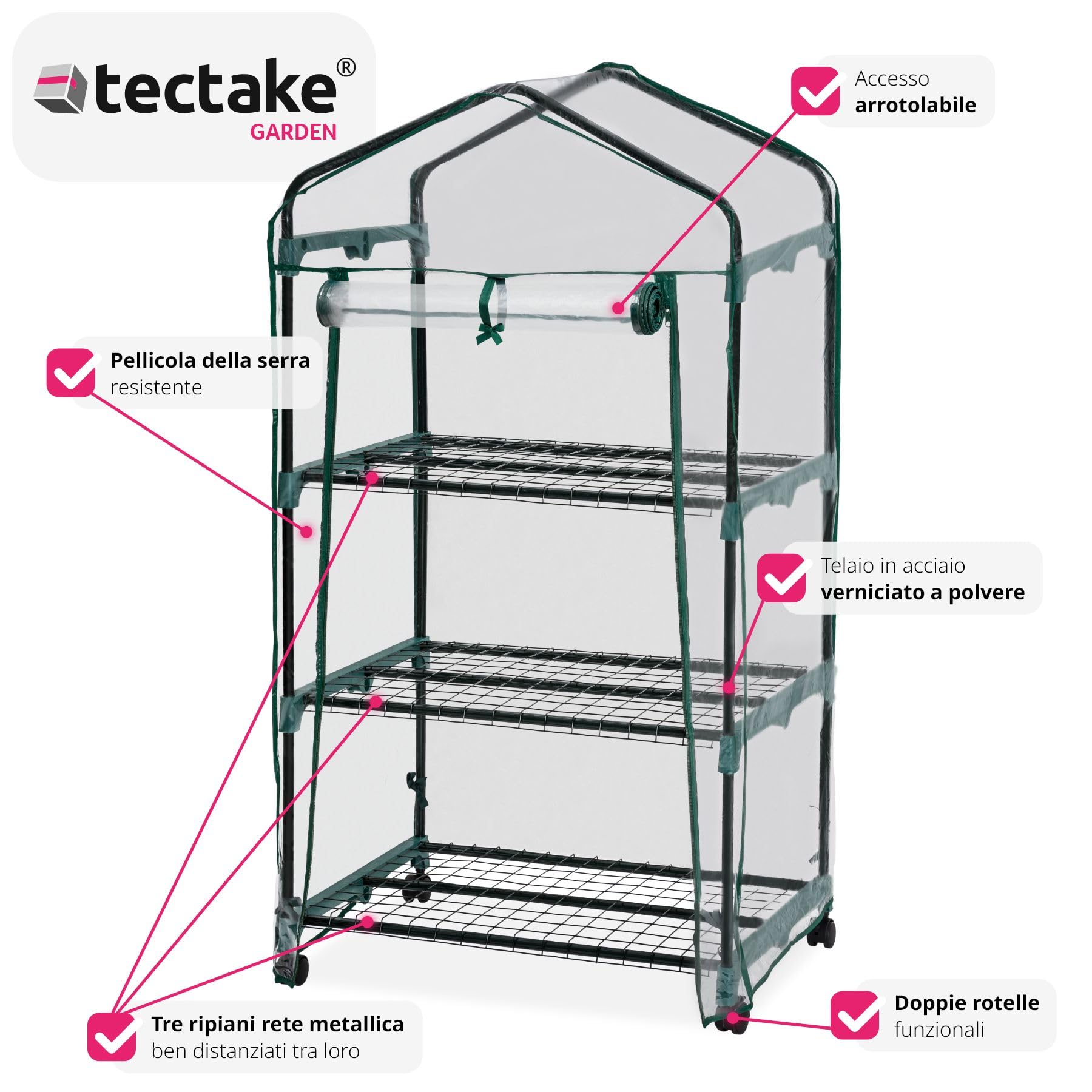 tectake® Serra da Giardino con Telaio in Acciaio, Serra da Esterno con 3 Piani di Appoggio, Griglia in Metallo, Pellicola in PVC, Comoda Porta di Accesso, Trasportabile, 69x49x133 cm