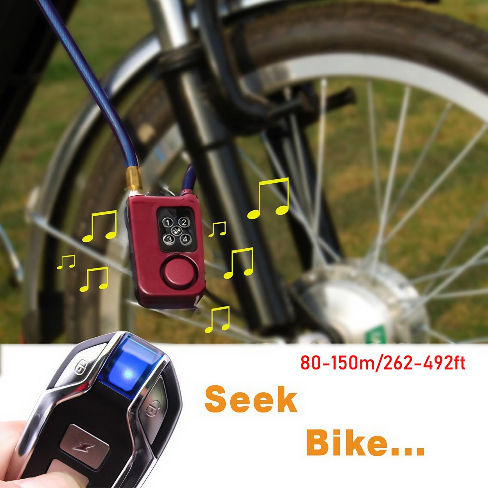 Mengshen Blokada alarmu rowerowego z pilotem zdalnego sterowania, 110 dB, antykradzieżowa, alarm wibracyjny, zabezpieczenie przed manipulacją, blokada hasła, do roweru, motocykla, skutera 80 cm