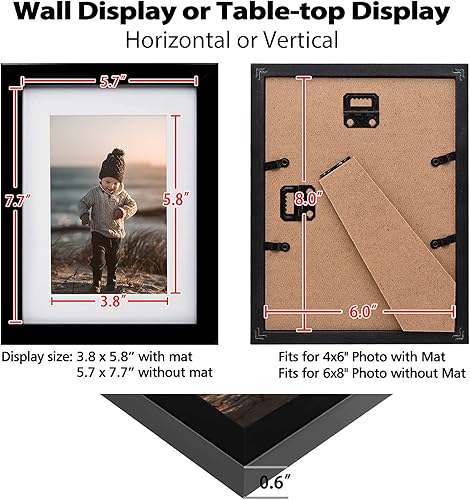 Vista 7 de KINLINK Juego de 2 portarretratos de 6 x 8 pulgadas, marco de fotos de madera mate de 4 x 6 pulgadas con plexiglás para 4 x 6 con paspartú o 6 x 8