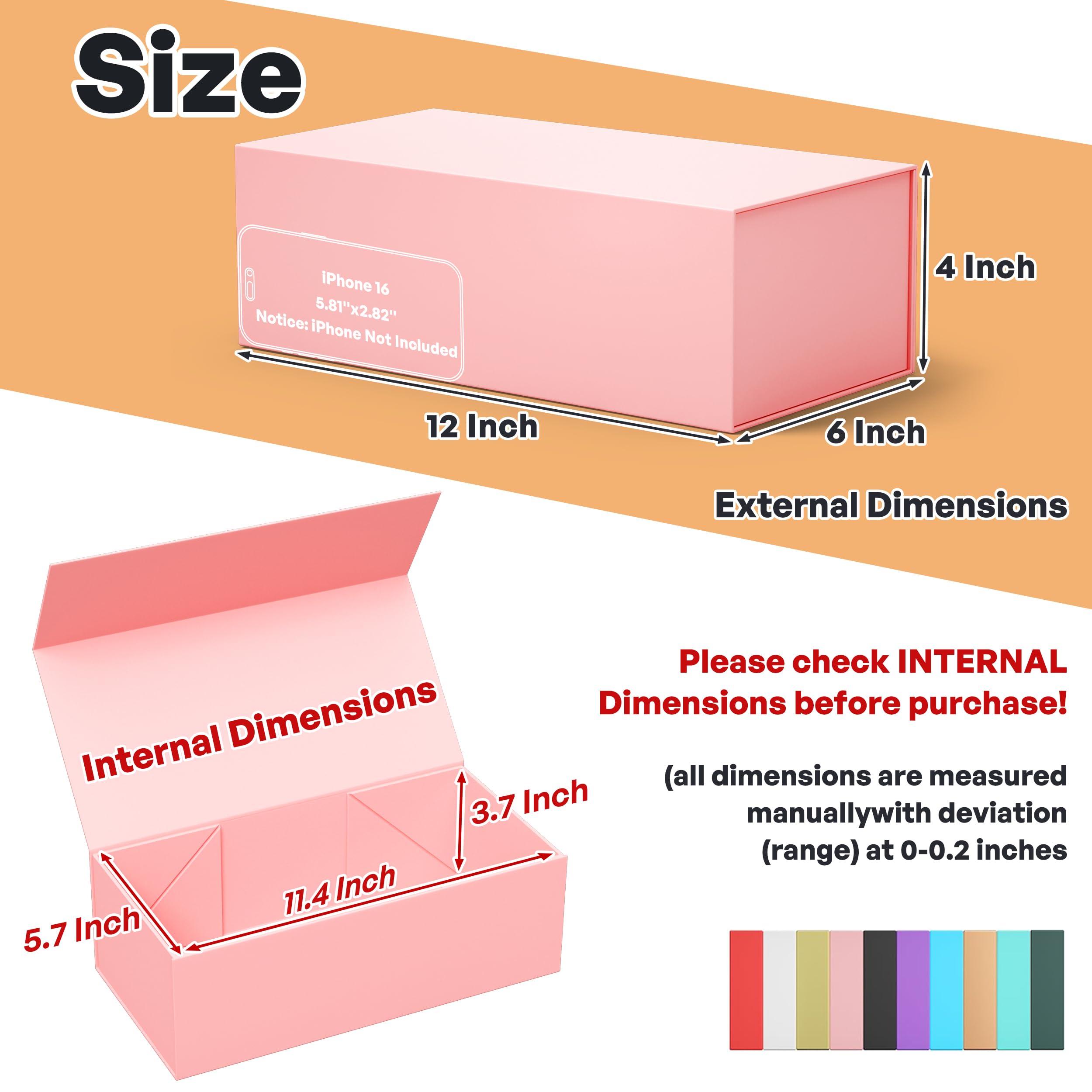 RYDDOY Pink Gift Box, 12x6x4'' Gift box for Presents with Lids Magnetic Closure Rectangle Collapsible for Bridesmaid Proposal Box, Wedding, Christmas, Halloween, Birthday Gift Packging