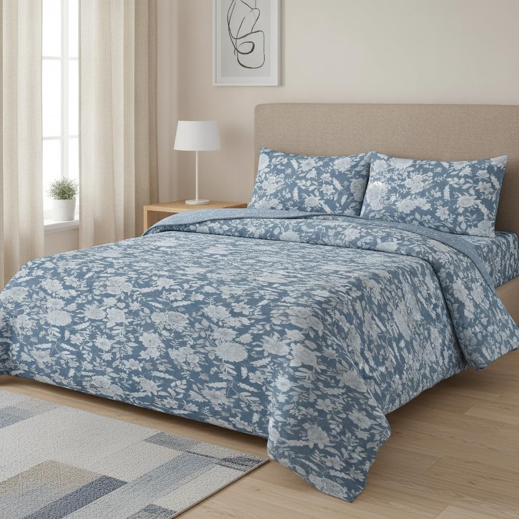 M&J Home Navy & Silver Floral Double Duvet Cover Set with 2 Pillowcases, 3 Piece Bedding Set, Polycotton 132 Thread Count, OEKO-TEX Certified, Easy Care