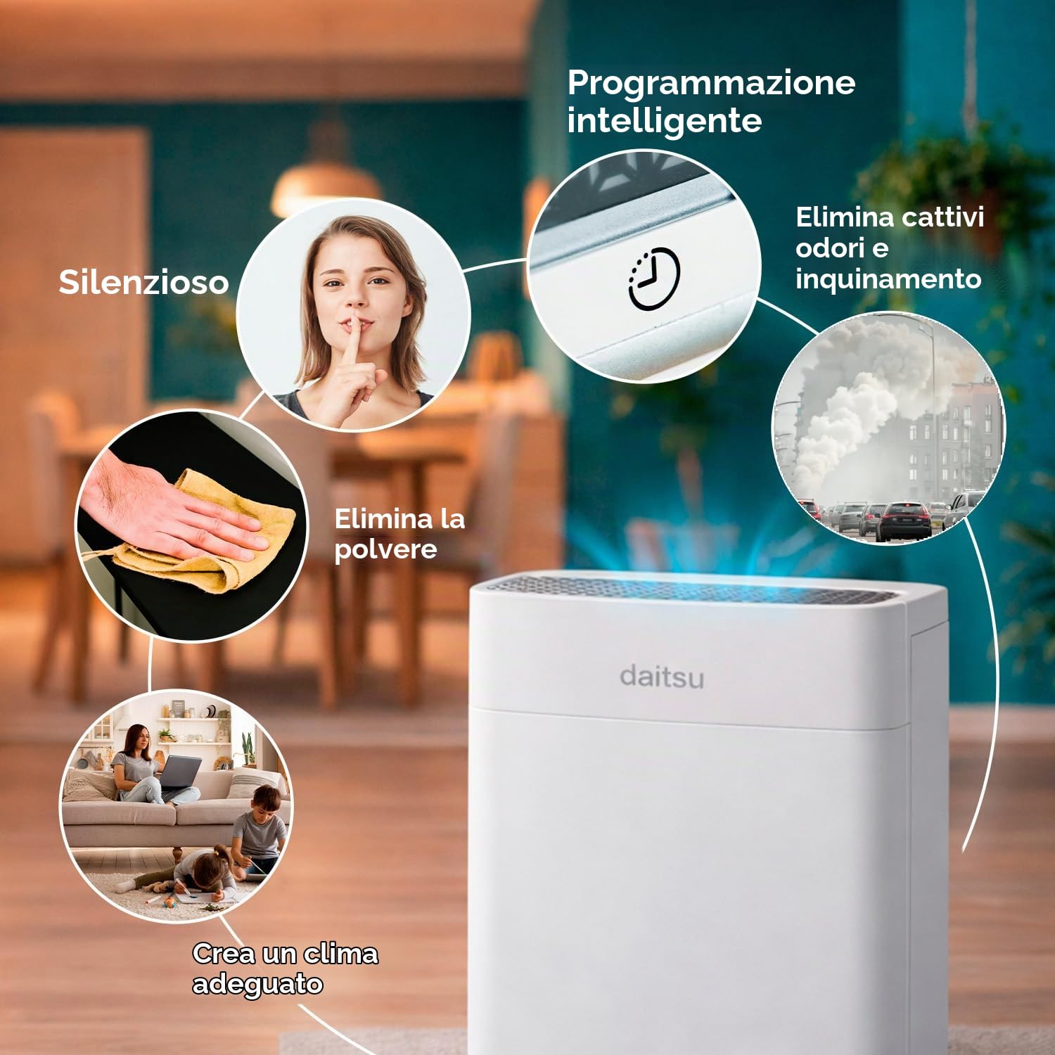 Purificatore d’Aria | Sistema di Filtrazione Avanzato | 4 Velocità | Programmazione Intelligente | Elimina il 99,97% di Polvere e Fumo