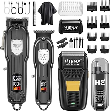 HIENA PRO Professional Hair Clipper Kit, Rechargeable Cordless Barber Kit and Hair Cutting Set, Electric Foil Shavers and Beard Trimmers, Ear, Nose Hair Trimmer Set & Facial Grooming Tool Black