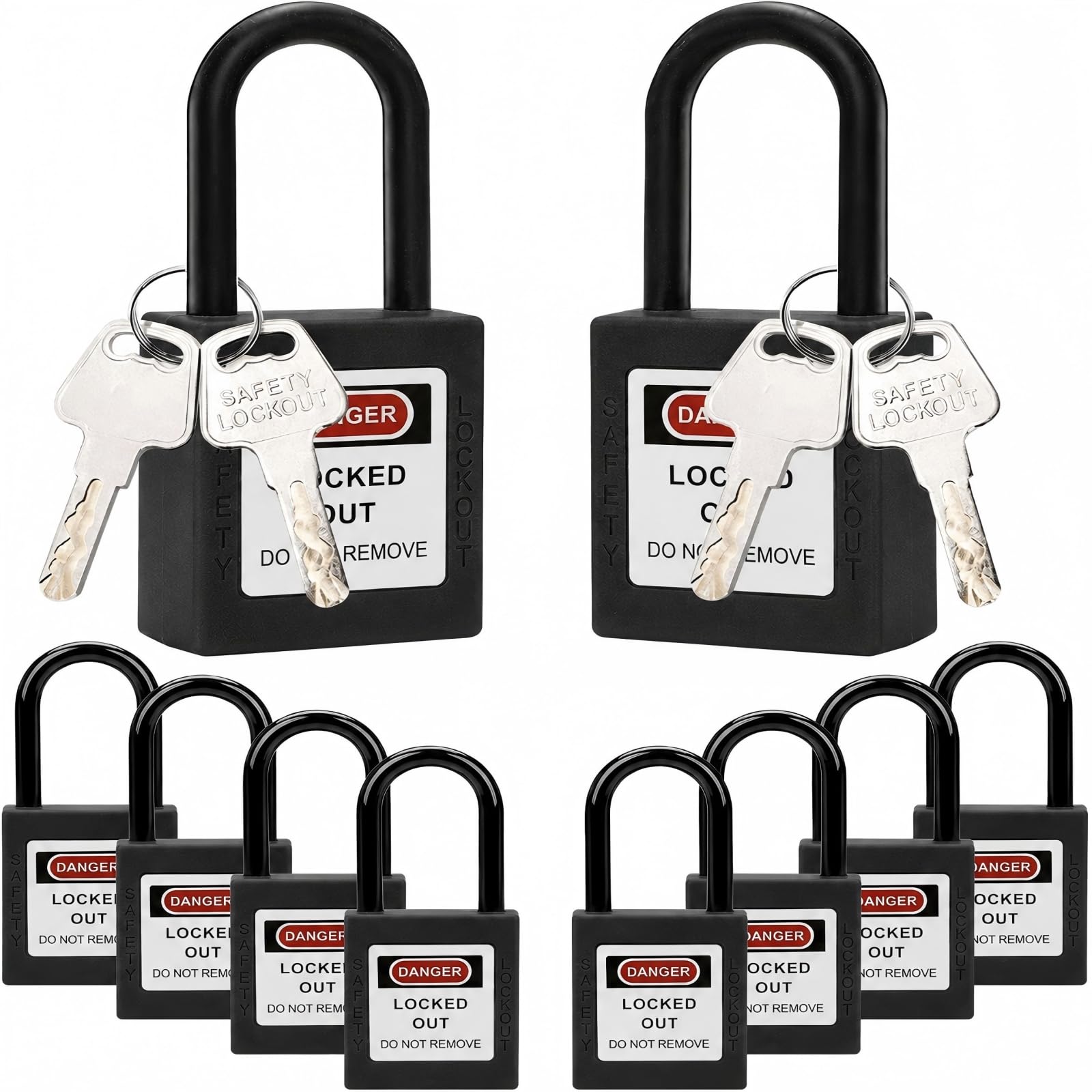 10-Pack Safety Lockout Padlocks with Keys, 38mm Shackle, (Black)