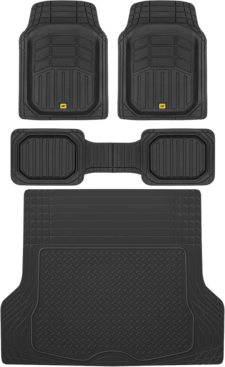 BDK Cat CAMT-9013 (3-Piece) Large Heavy Duty Rubber Car Floor Mats with Trunk Cargo Liner, Trim to Fit Front & Rear Combo Set for Car Sedan SUV Van, All Weather