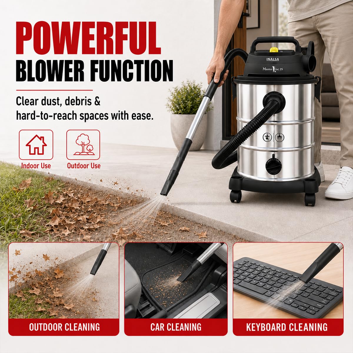 INALSA Vacuum Cleaner Wet and Dry Heavy Duty 1700 W & 25 Ltr Capacity|22KPA Suction|HEPA Filter & Metal Telescopic Tube|2 Year Warranty|SS Metal Tank|For Home,Office,Hotel Cleaning (Master Vac 25) 1